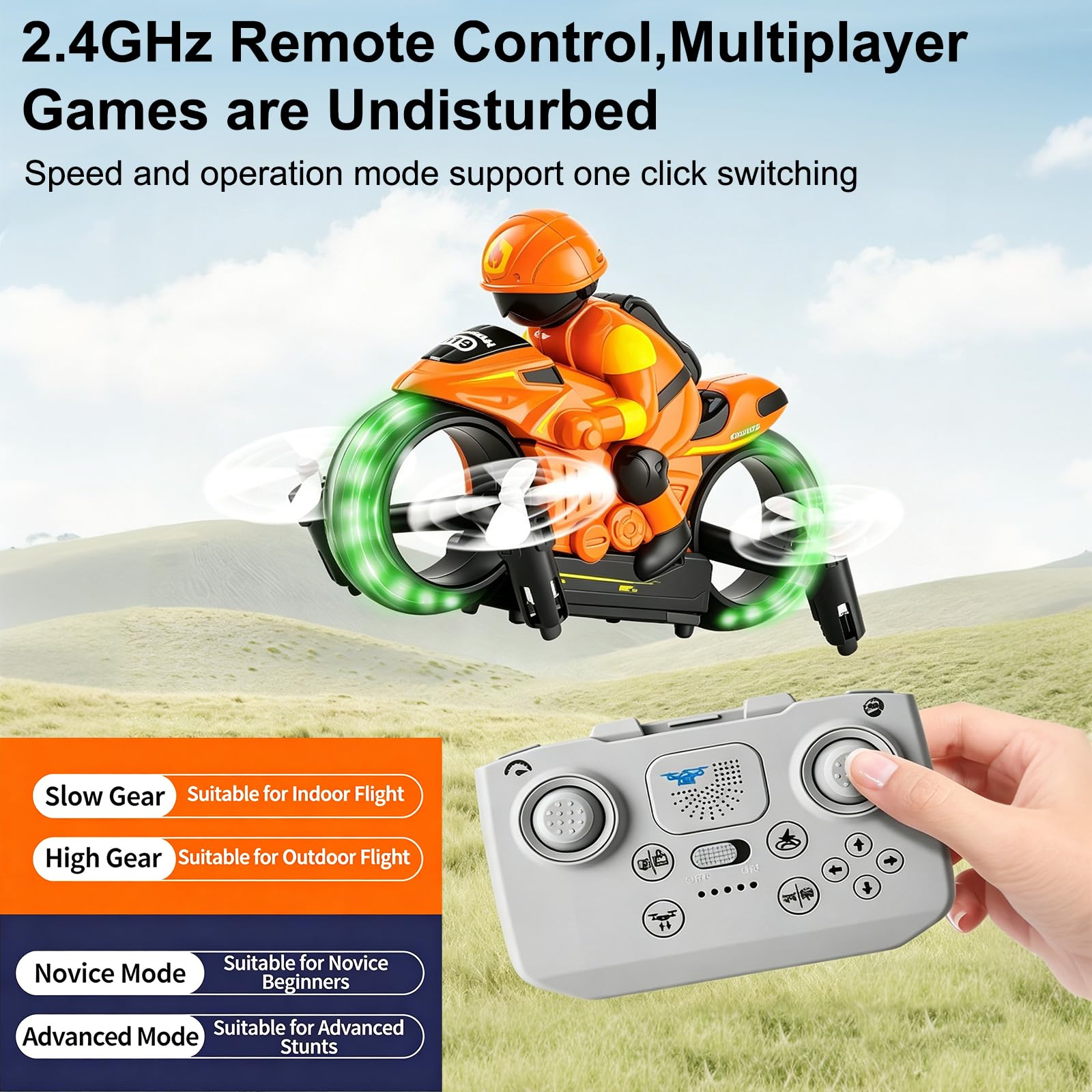 OBEST Motocicleta teledirigida 2,4 G, 2 en 1, avión no tripulado de tierra y aire, giro de 360°, vuelo flotante automático, modo sin cabeza, iluminación LED, función de carga USB