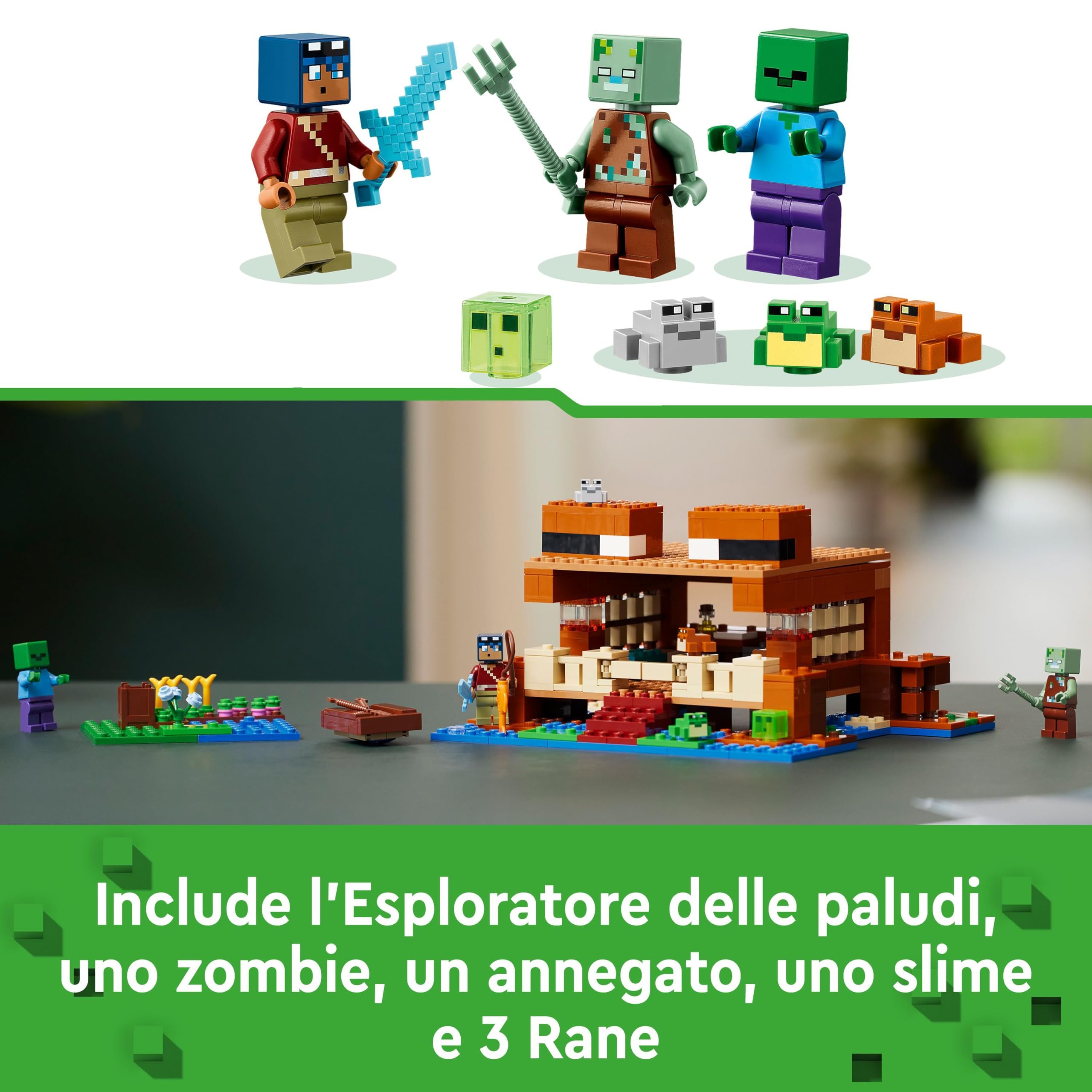 LEGO Minecraft La Casa-Rana Giocattolo - Set da Costruire con Barca, Figure di Animali, Mobb e Accessori tra cui Tavolo da Crafting e Fornace - Regalo per Gamer, Bambini e Bambine da 8 Anni - 21256