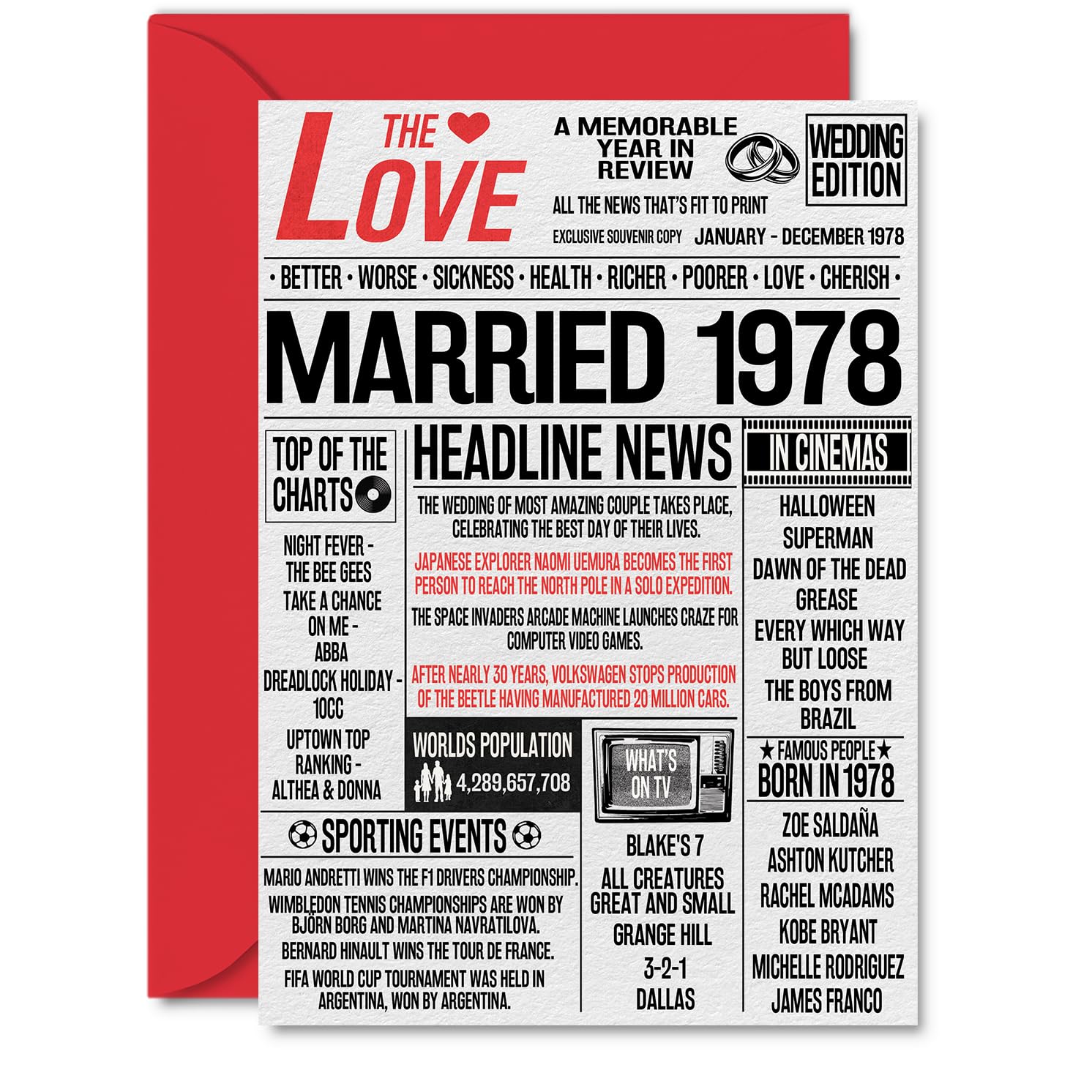 48th Anniversary Cards for Men Women - Married 1978 Newspaper - 48 Wedding Anniversary Card for Husband Wife Dad Mum Nan Grandad Vintage Retro 1978, A5 Greeting Cards
