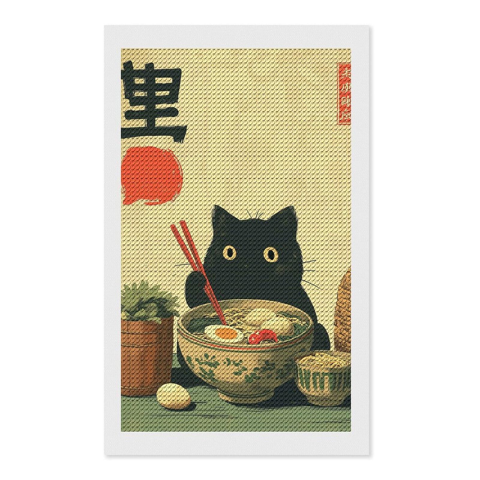 Junmoney Black Cat with Ramen Bowl Art DIY Diamond Art Canvas Kit 12"x20", Christmas Gift, for Family Craft Time, Leisure Activity, Home Wall Art