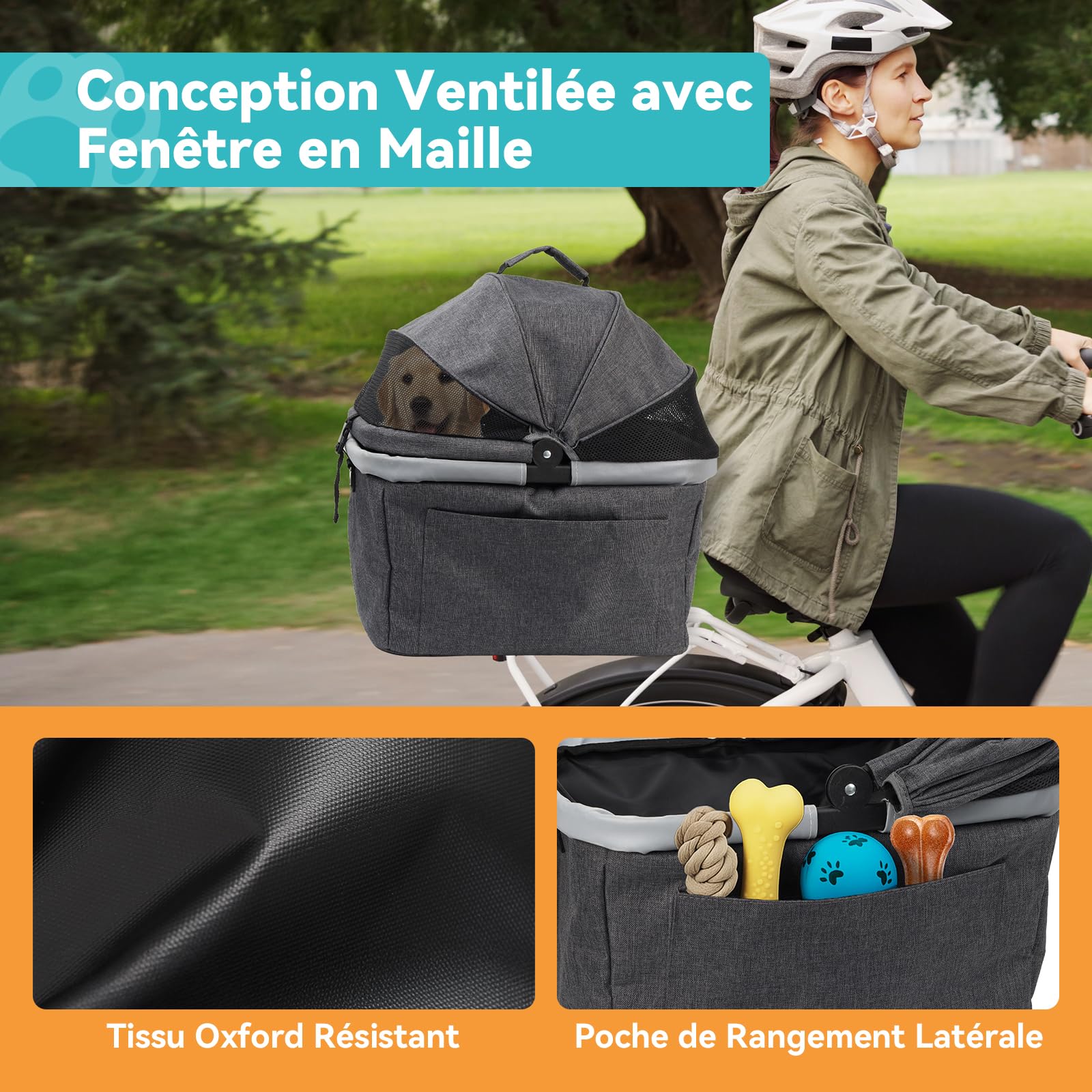 Panier Vélo Arrière pour Chien Pliable Jusqu’à 12KG avec Cadre Métallique, Fixation Rapide pour Diamètre de 9 à 12mm, Fenêtre en Maille, Coussin Doux, Bandes Réfléchissantes
