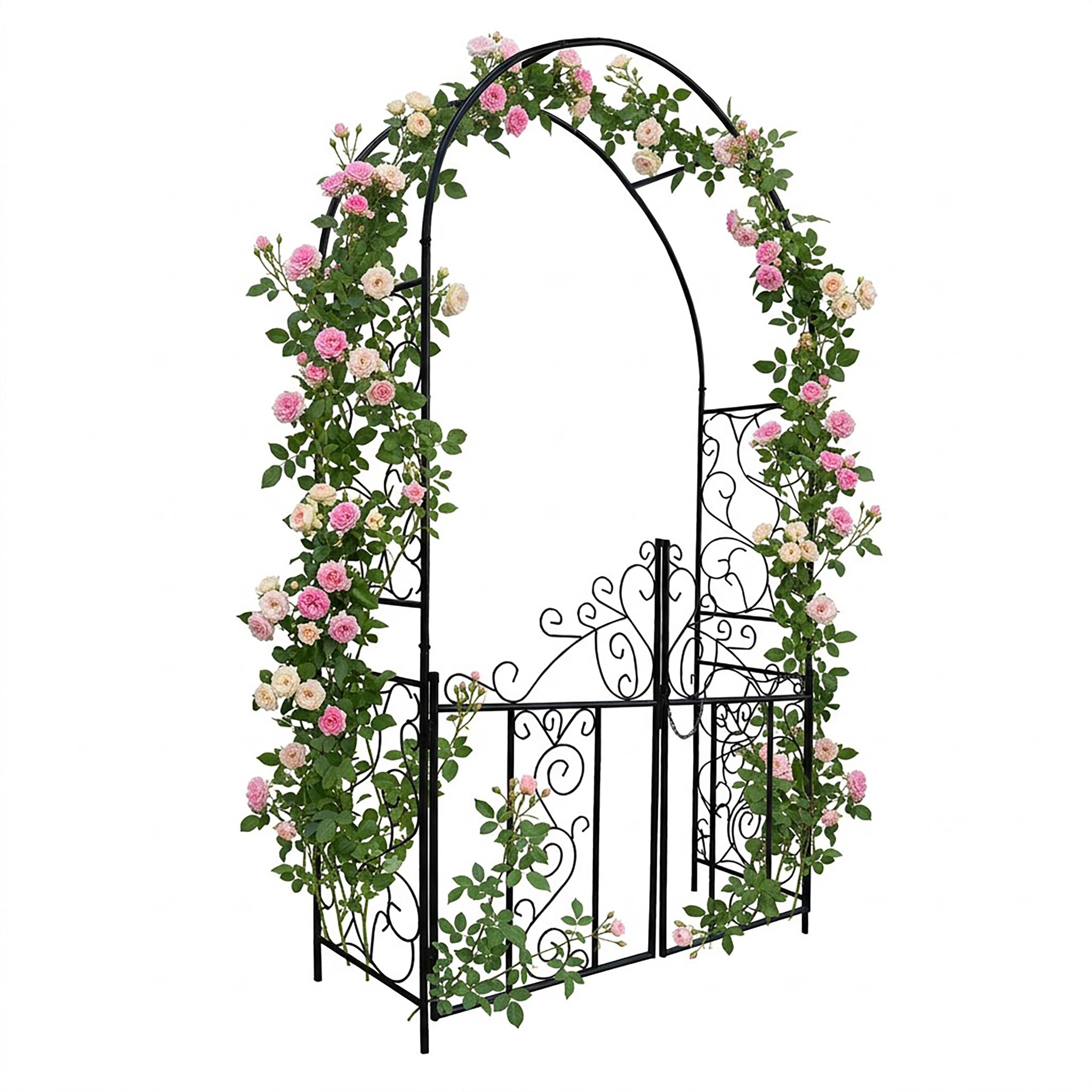 Relaxdays Rosenbogen mit Tor, Ranken Ornamente, Vorgarten & Garten, schwarz