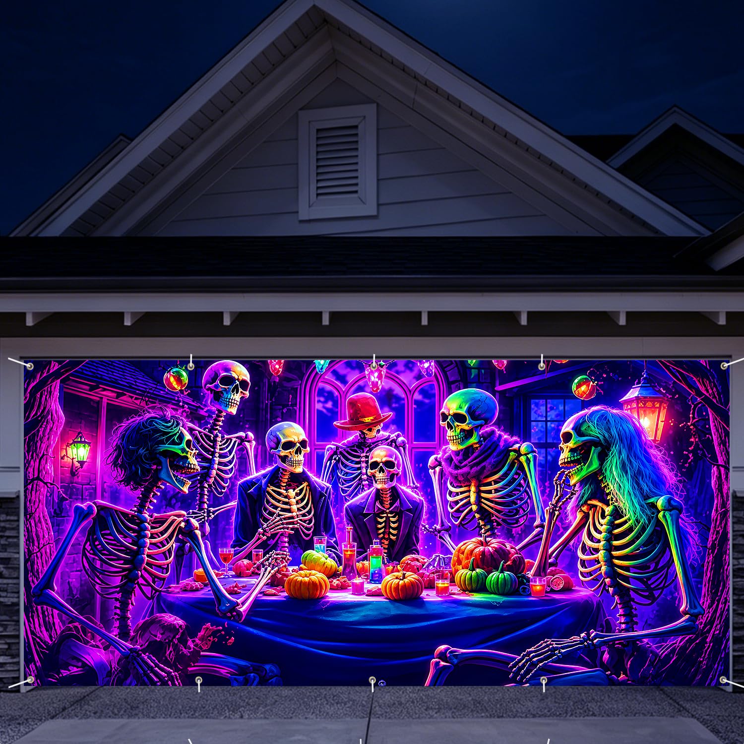 7 x 16 ft Skeleton Feast Halloween Garage Door Decorations Halloween decorations Witch Door Cover, Hanging Banner Backdrop Mural for Home, Outdoor, Indoor, Spooky Party, Wall, Window
