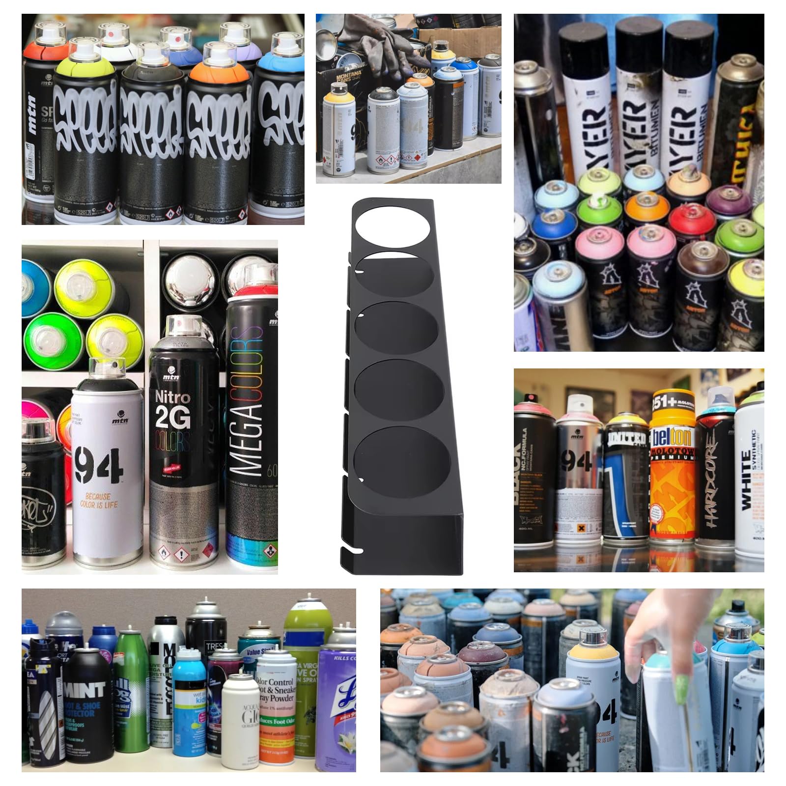 JAOGAUS 2 Soporte para Botellas de Aerosol, 2 Soportes para Latas de Aerosol con 5 Agujeros y 6 Ranuras, Montaje en Pared Organizador de Herramientas Eléctricas Estante de Almacenamiento para Garaje