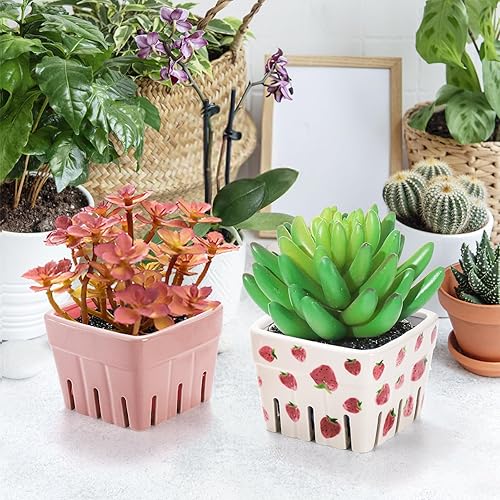 Miniatura 7 de Paquete de 4 cestas de bayas de cerámica, cuencos cuadrados de frutas de 4.6 pulgadas con agujeros, recipientes de bayas rosas y blancas para
