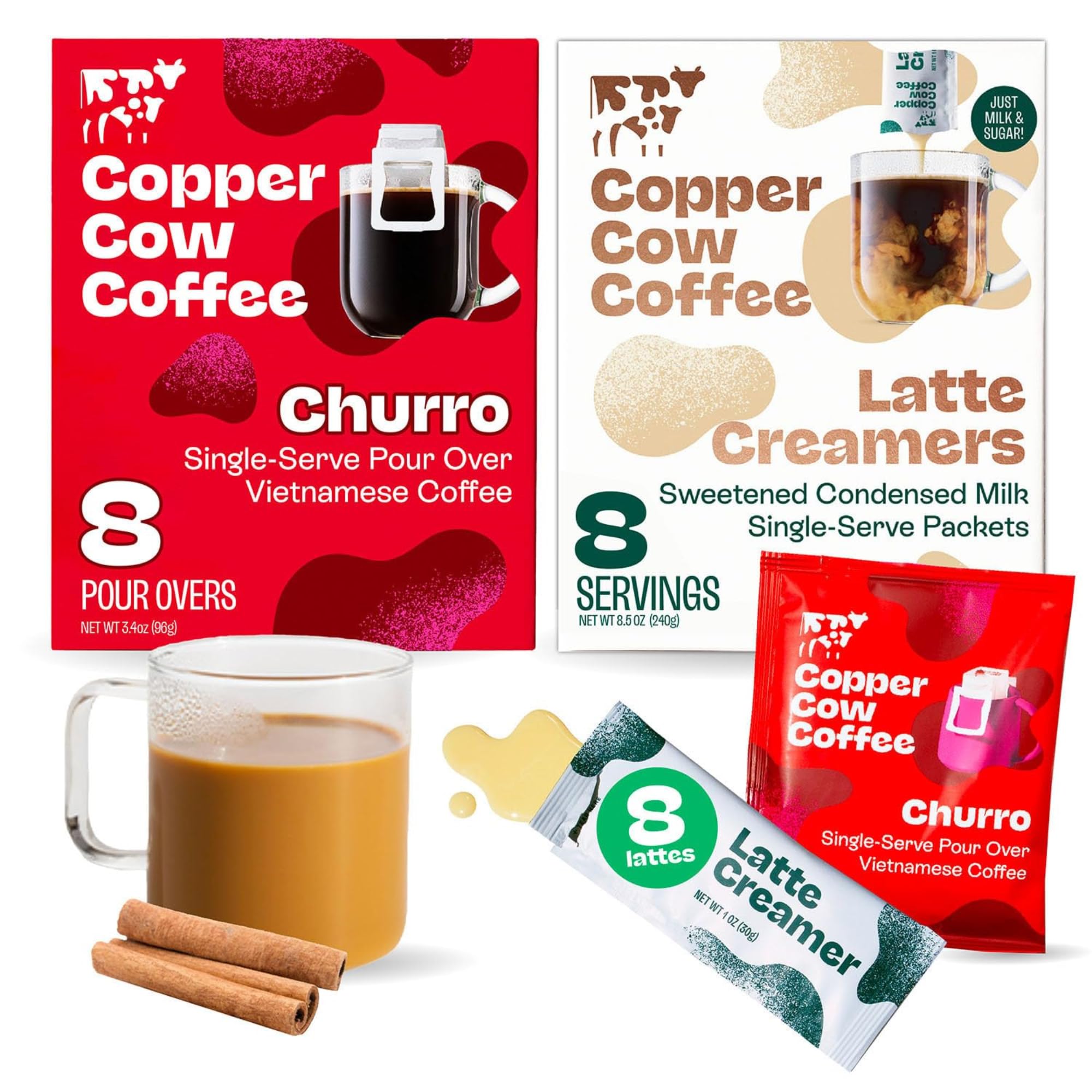 Pour Over Vietnamese Coffee Pouches + Sweetened Condensed Milk Creamers (8 Coffees & 8 Milk Creamers) | Churro Lattes, No Refrigeration Needed, Travel Friendly Ground Coffee