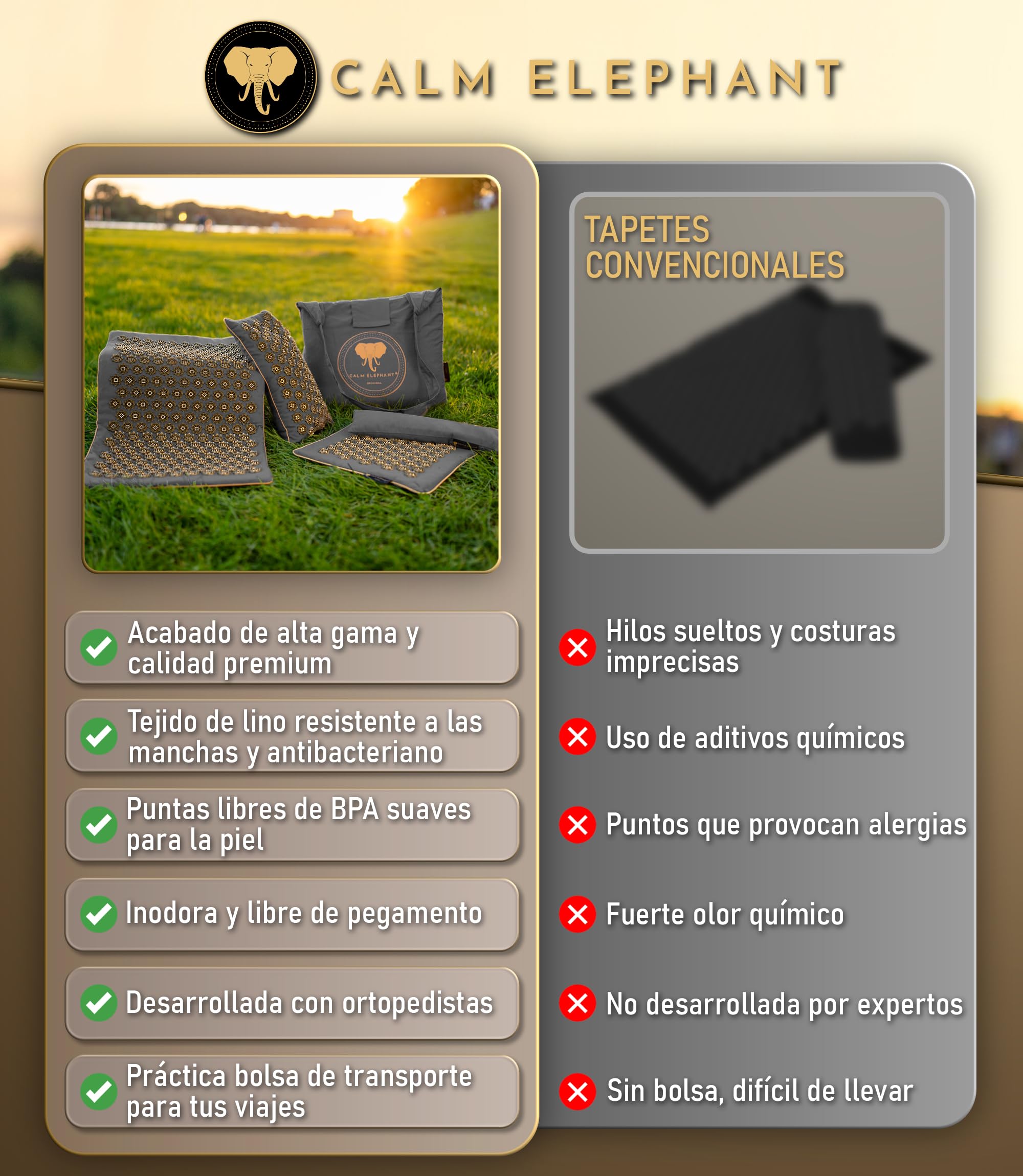 CALM ELEPHANT ORIGINAL Esterilla de Acupresión con Cojín XXL Set Genuine 5 Piezas, Masaje Espalda, Libera Tensiones, Cojín con Calor, Cojín Lumbar, Esterilla Pies y Bolsa - Gris