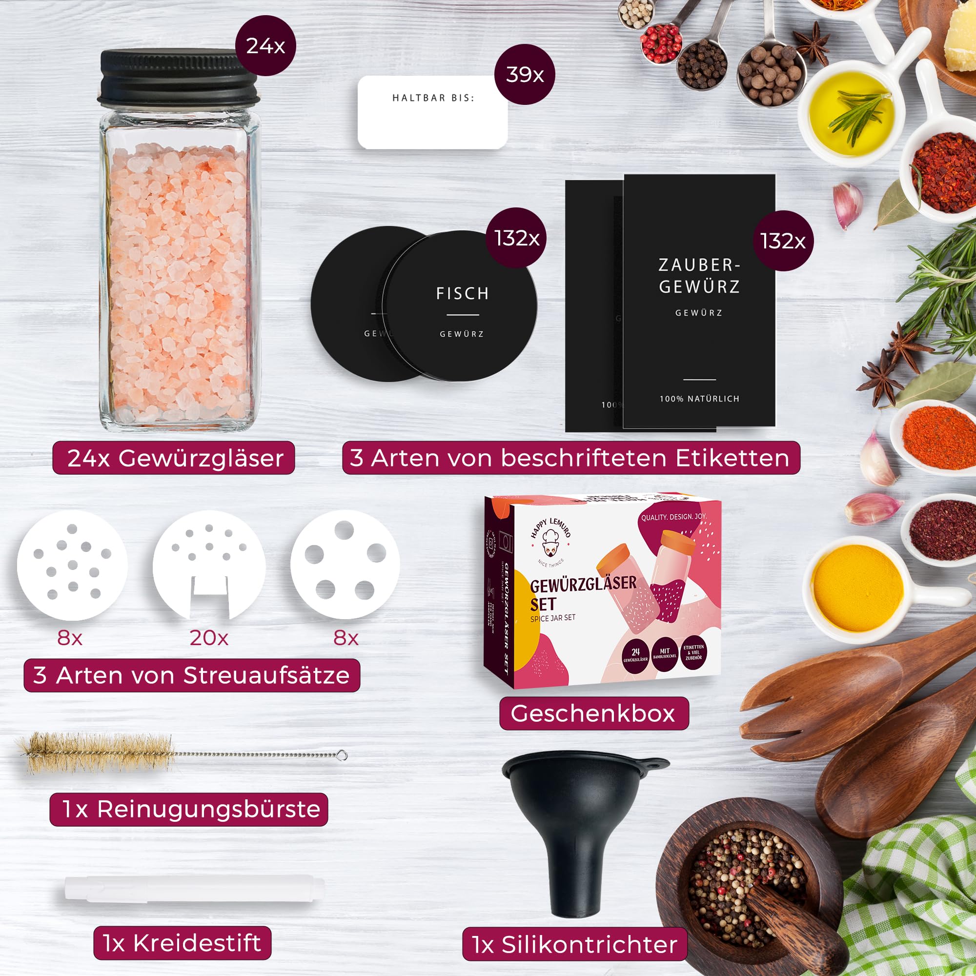 Gewürzgläser Set [24 x 120ml] mit 301 Etiketten auf Deutsch | Matte Deckel in Schwarz | Gewürzbehälter mit Metalldeckeln & Streueinsatz. Gewürzgläser Eckig, 24er Set