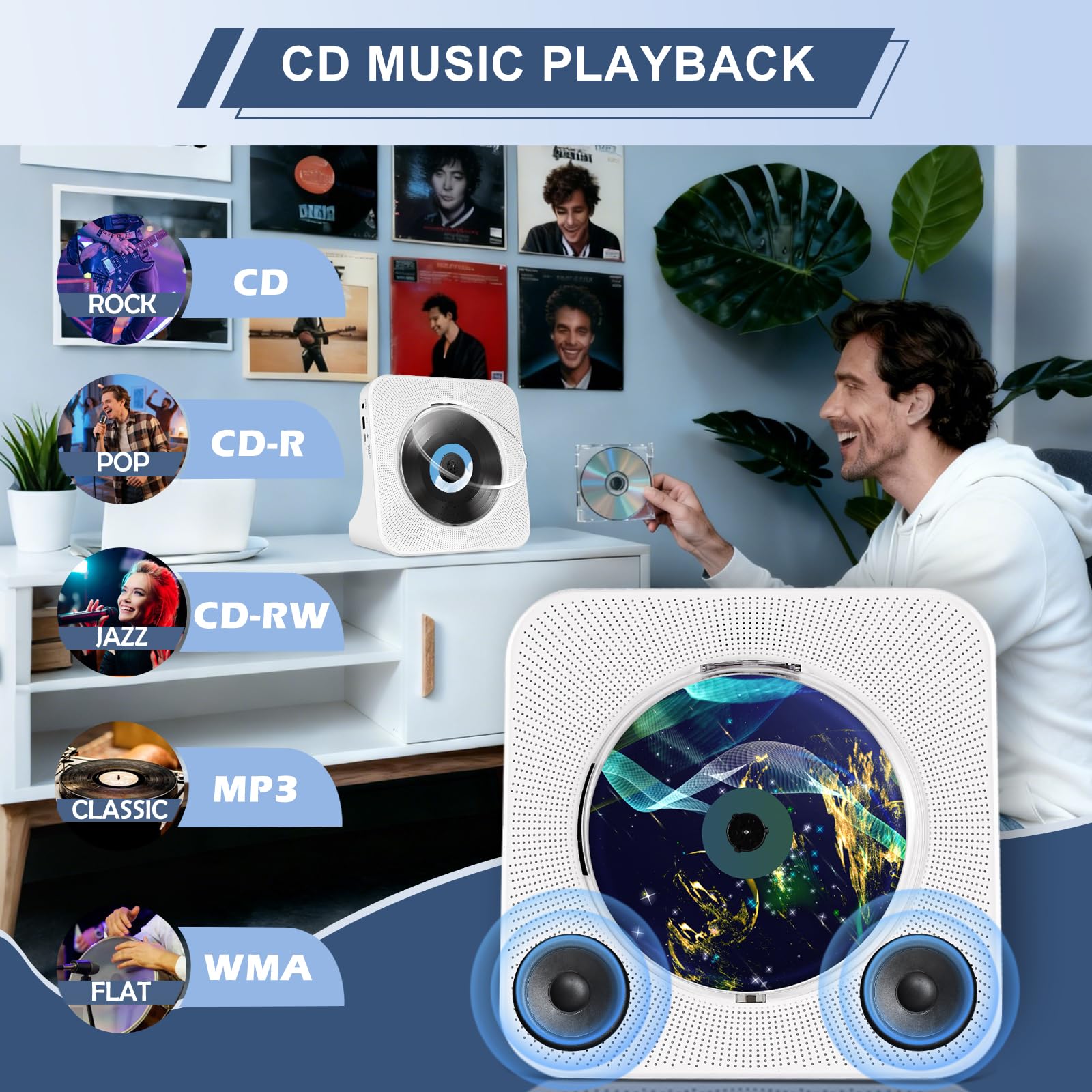 Lecteur CD Bluetooth Portable avec Radio FM, Haut-Parleurs Double, USB/AUX, Télécommande