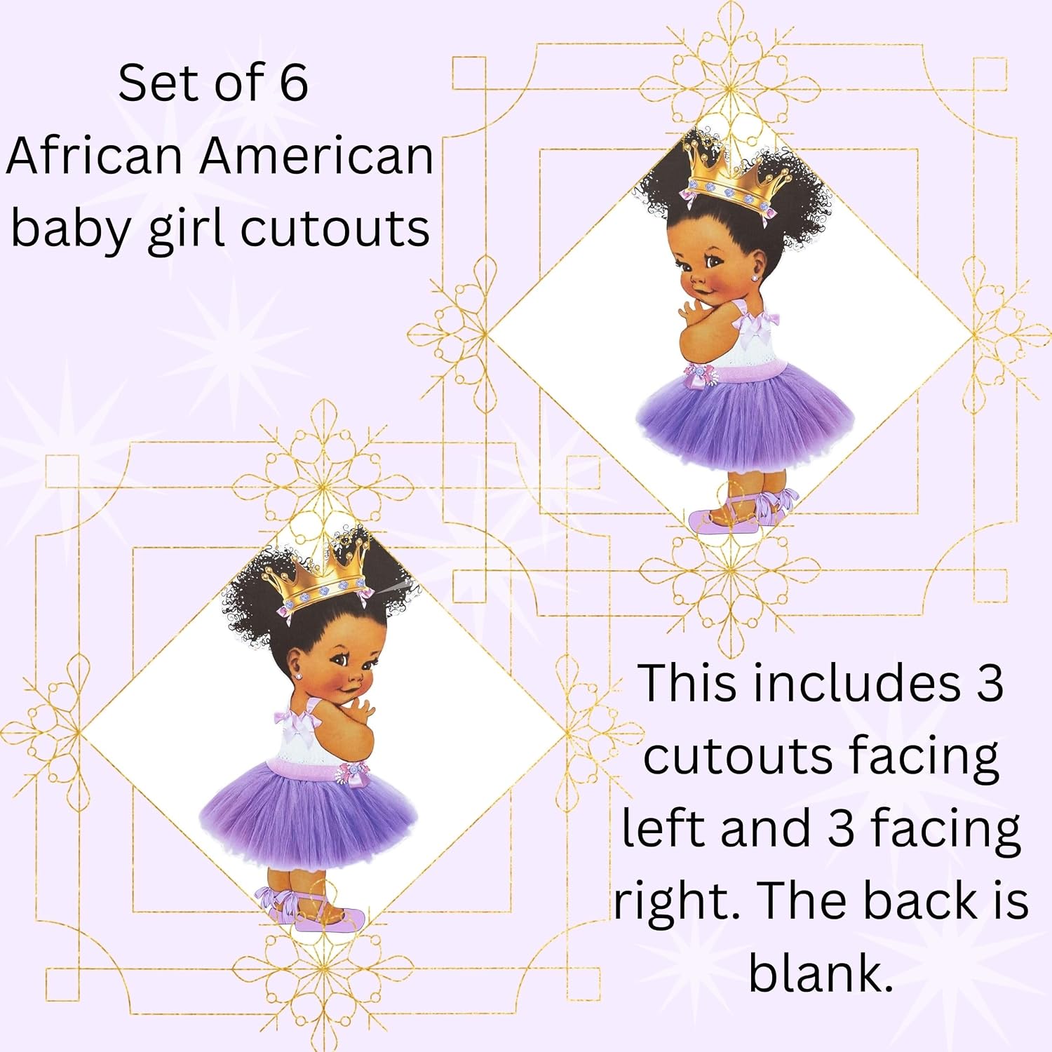 Lavender Princess Single Sided Cutouts African American Baby Shower Birthday Party Decoration (10 1/5 inches Tall)