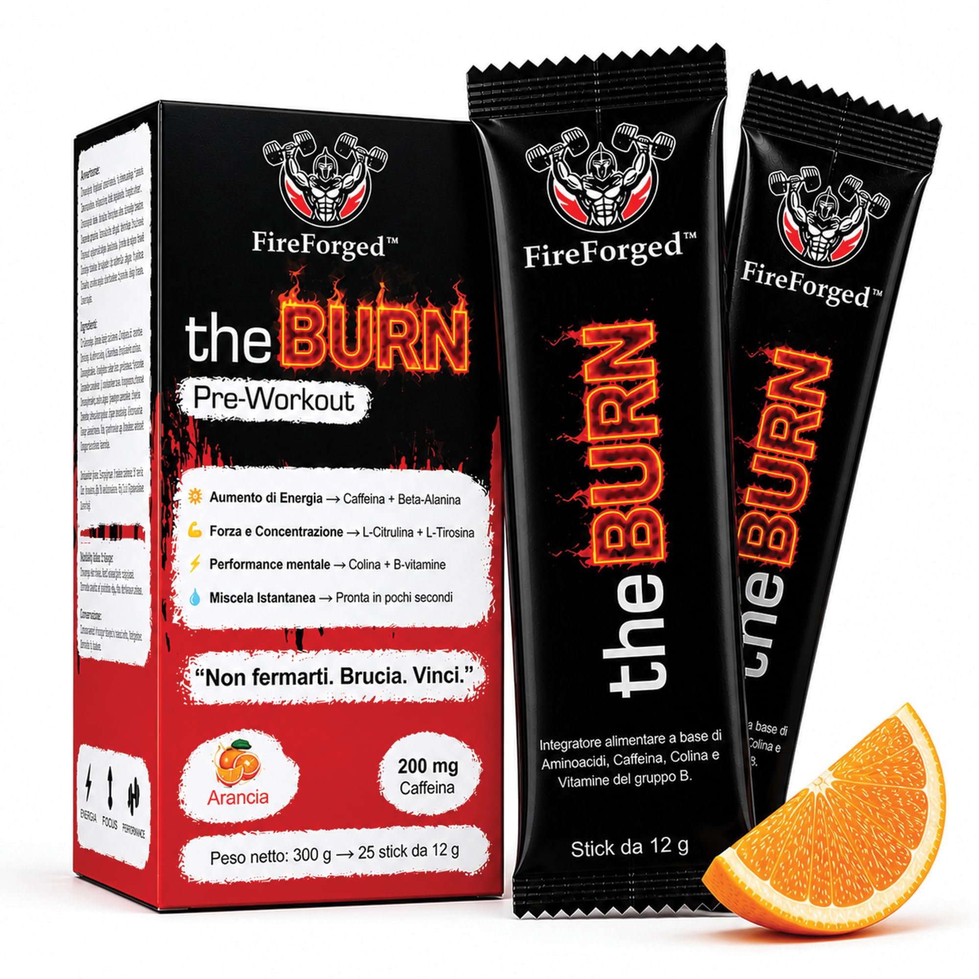 FireForged theBURN Pre Workout Monodose | 25 Stick Pack con Caffeina, Citrullina e Beta-Alanina | Energia e Focus per Allenamento | Gusto Arancia