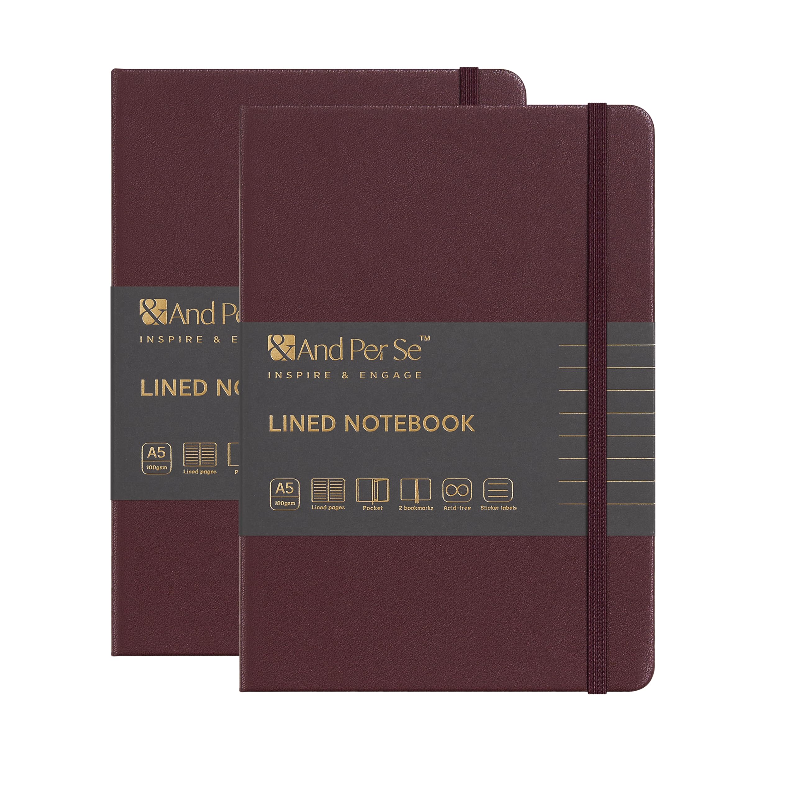 &And Per Se Lined Journal Notebook (2 Packs), 320 Pages, A5-5.7''x8'', Hardcover Notebooks for Work School Women Men (Dark Red)