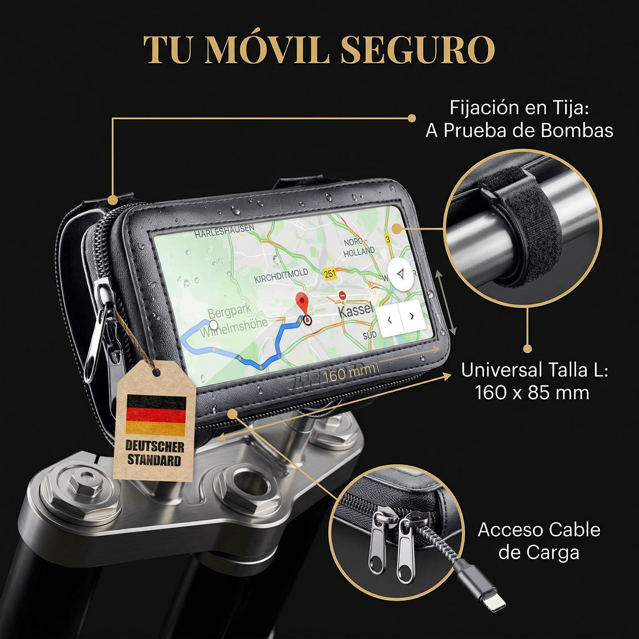 Superpotente Motocicleta portamóvil - Smartphone Bolsa para manillar- Porta teléfono móvil Bolsa de manillar de motocicleta - Bolsa para el teléfono móvil de la talla L