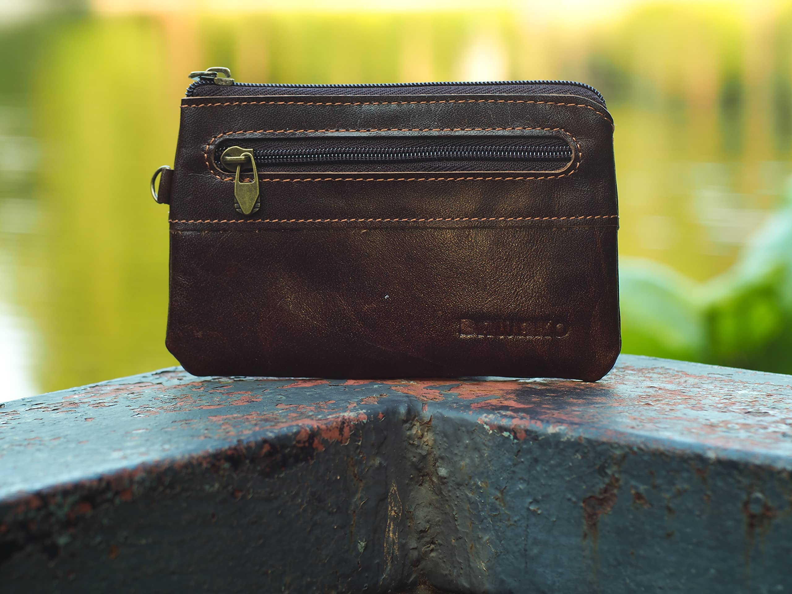 BAWAKO portachiavi grande 2 scomparti con cerniera vera pelle, bel portachiavi per donna uomo bambino, tasca chiave portafoglio piccolo compatto fatto a mano