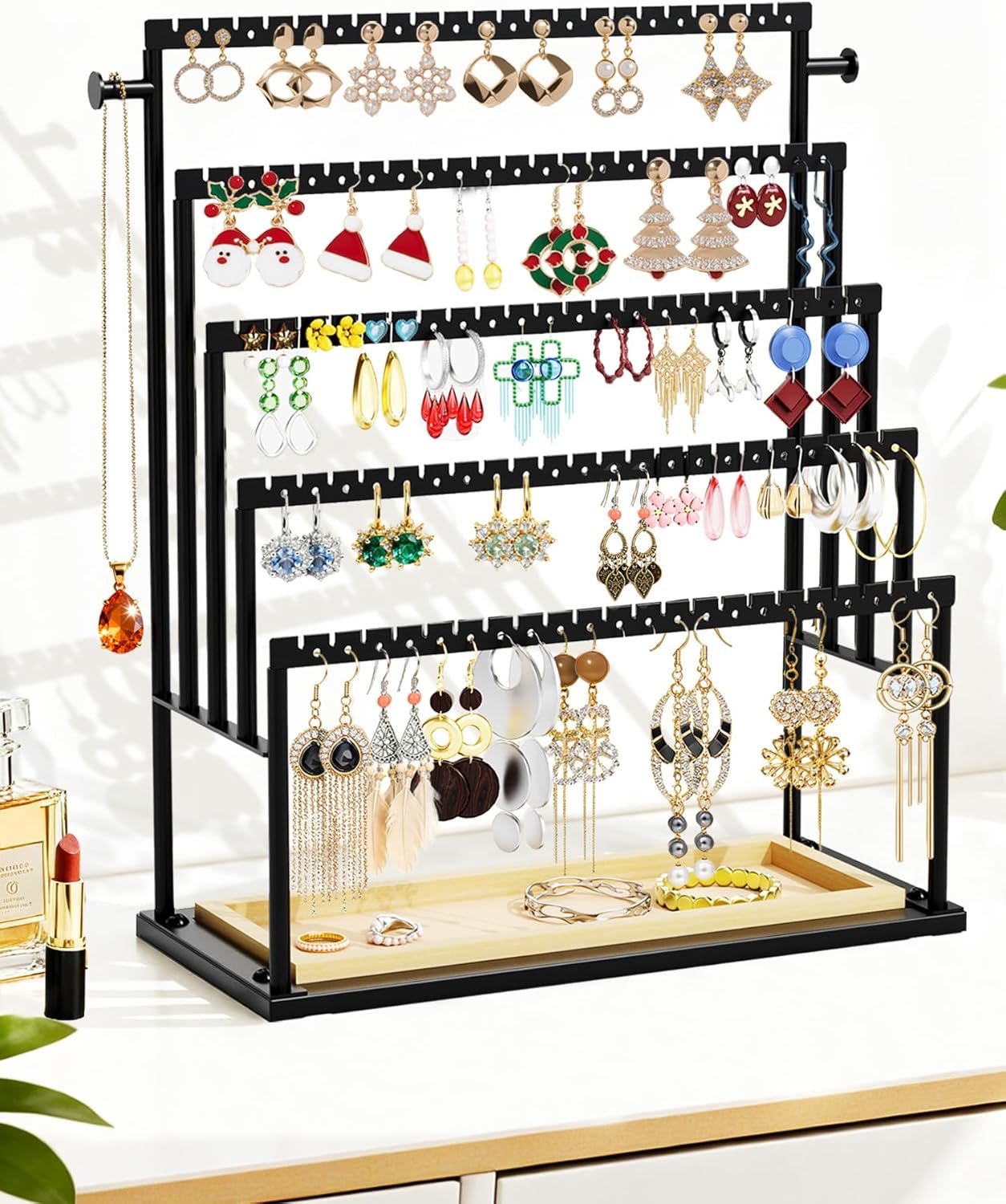 Earring Holder Organizer, 5-Tier Jewelry Display Stand with Matte Black Metal Frame and Wooden Tray, Large Earring Holder for Studs, Hoops, Dangles, Modern Jewelry Organizer for Women
