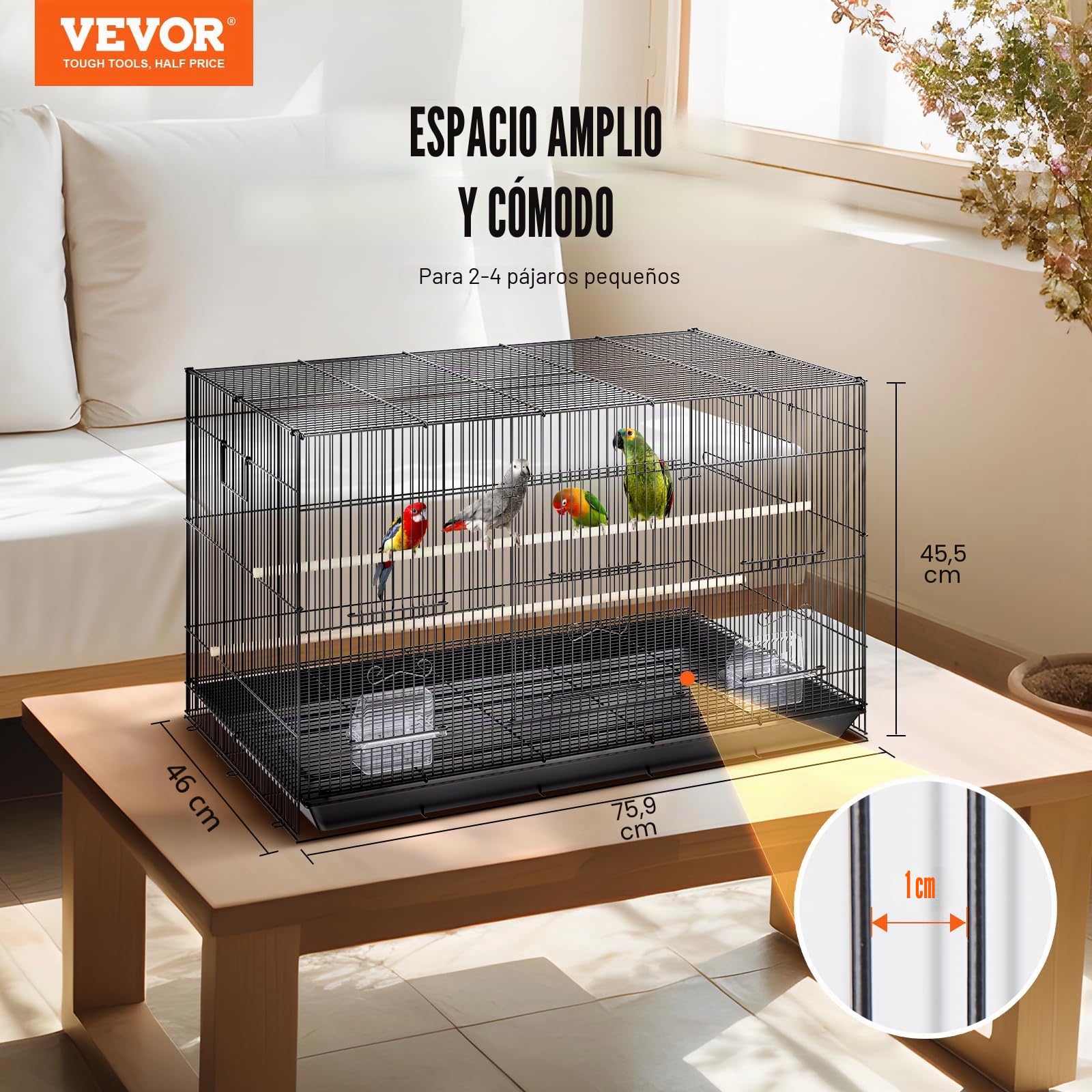 VEVOR Jaula de Vuelo para Pájaros 76 x 46 x 45,5 cm Jaula para Pájaros de Metal con Manija Lateral Puerta Segura Portátil Bandeja Desmontable Perchas Comederos para Pájaros Pequeños Cacatúas Loros