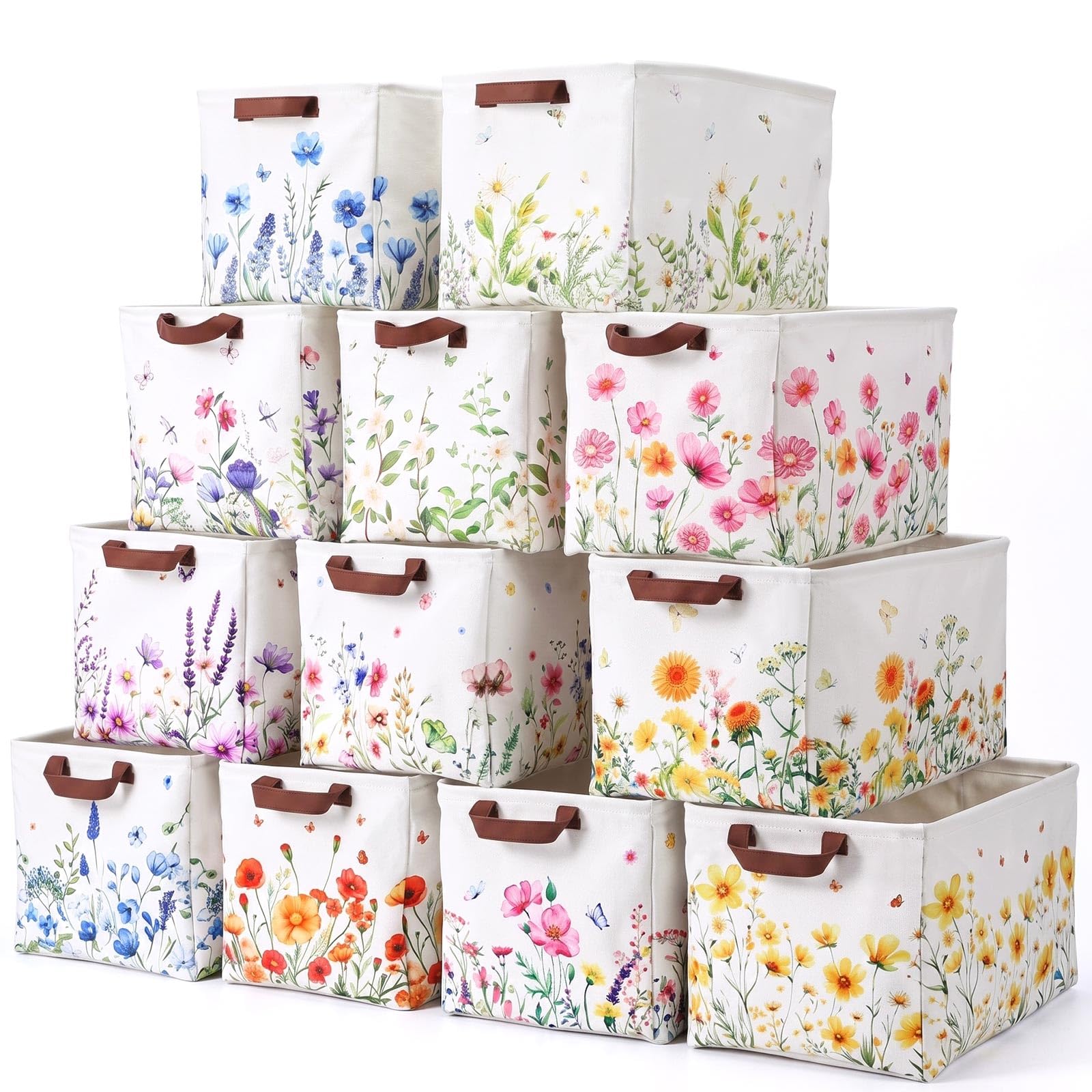 Fourluoo 12 Pack Floral Storage Basket with Handles Clothes Storage Basket Bin Foldable Box Bins Organizer for Closet Shelf Nursery Kid Room Book Toy Chest