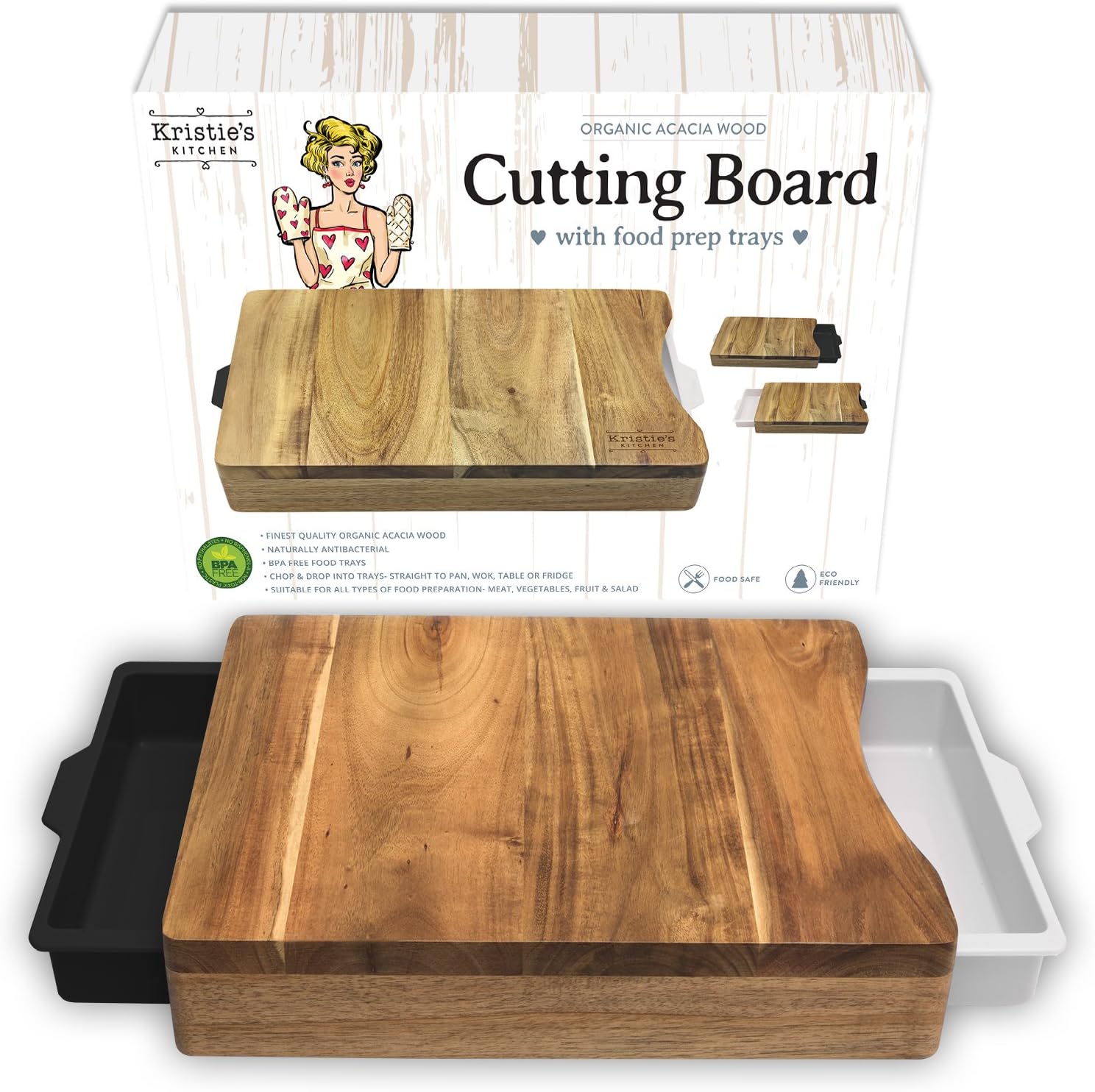 Cutting Board with Containers - Organic Acacia Wood Cutting Boards for Kitchen - Chopping Board - Butcher Block with White Black Trays