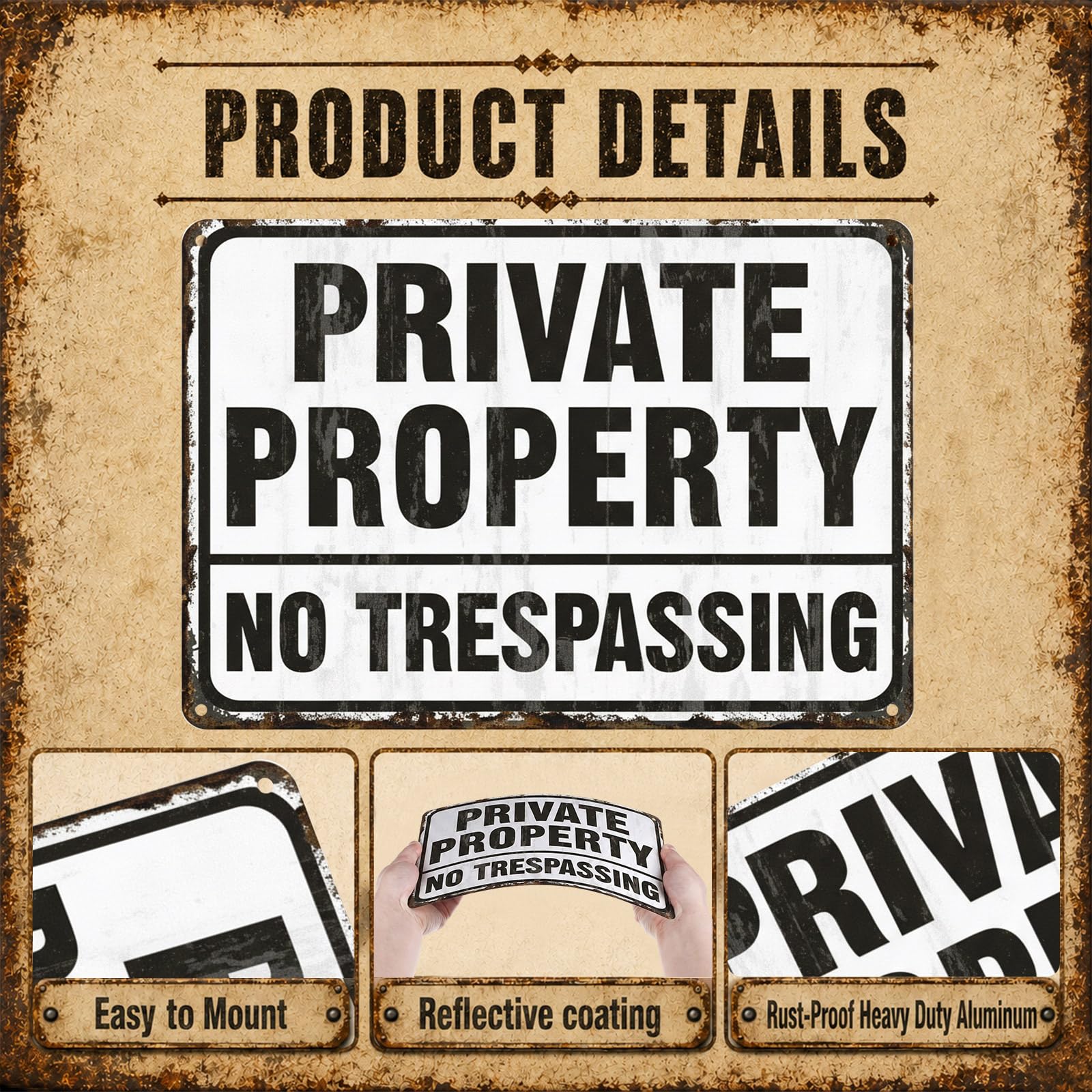 LEIFIDE Lot de 12 panneaux « No Trespassing Private Property » - 17,8 x 25,4 cm - En aluminium réfléchissant - Panneau d'avertissement résistant aux intempéries pour la sécurité des biens - Noir