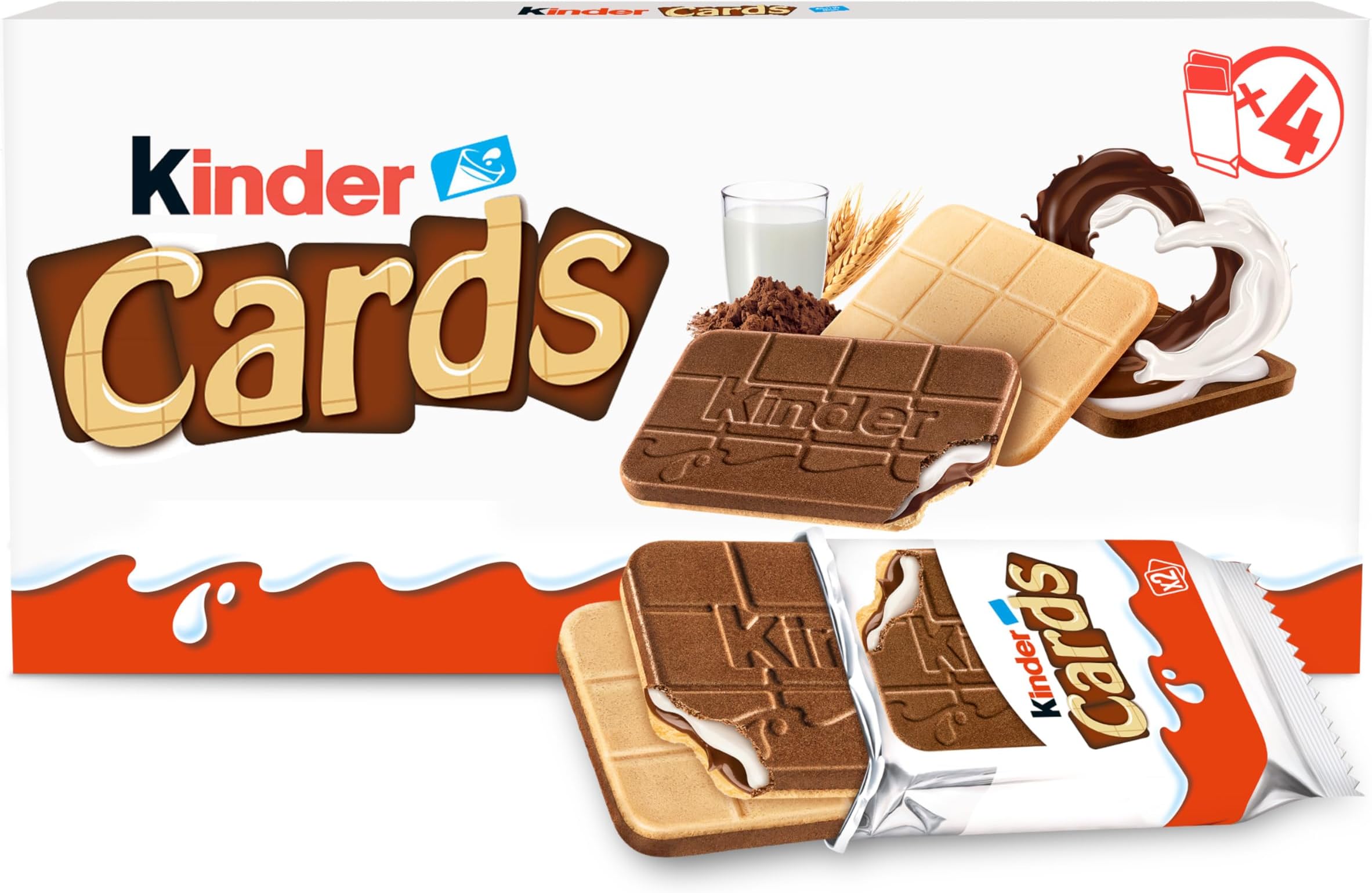 Kinder Cards Wafer Biscuit Chocolate Bars, Bulk Chocolate Multipack, Crispy Wafer with Creamy Milk and Cocoa Filling, Pack of 4 x 25.6 g