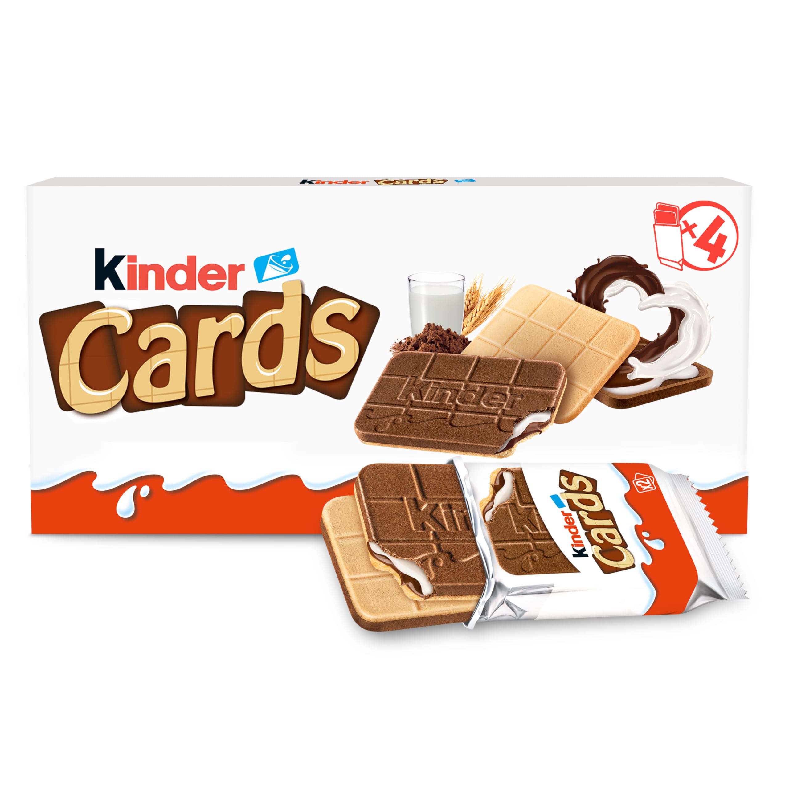 Kinder Cards Wafer Biscuit Chocolate Bars, Bulk Chocolate Multipack, Crispy Wafer with Creamy Milk and Cocoa Filling, Pack of 4 x 25.6 g