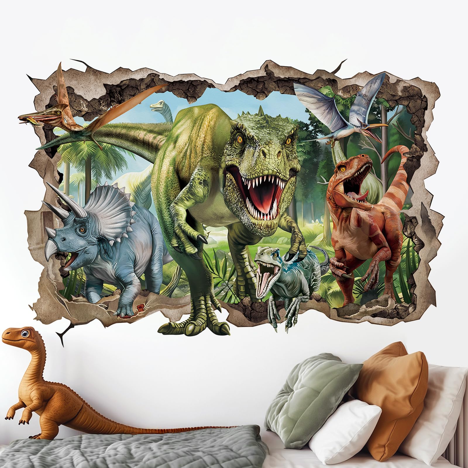 wondever 3D Large Dinosaur Wall Stickers Break Through Dino Jungle Dinosaur Peel and Stick Wall Art Decals for Boys Room Baby Nursery Kids Bedroom - Image 3