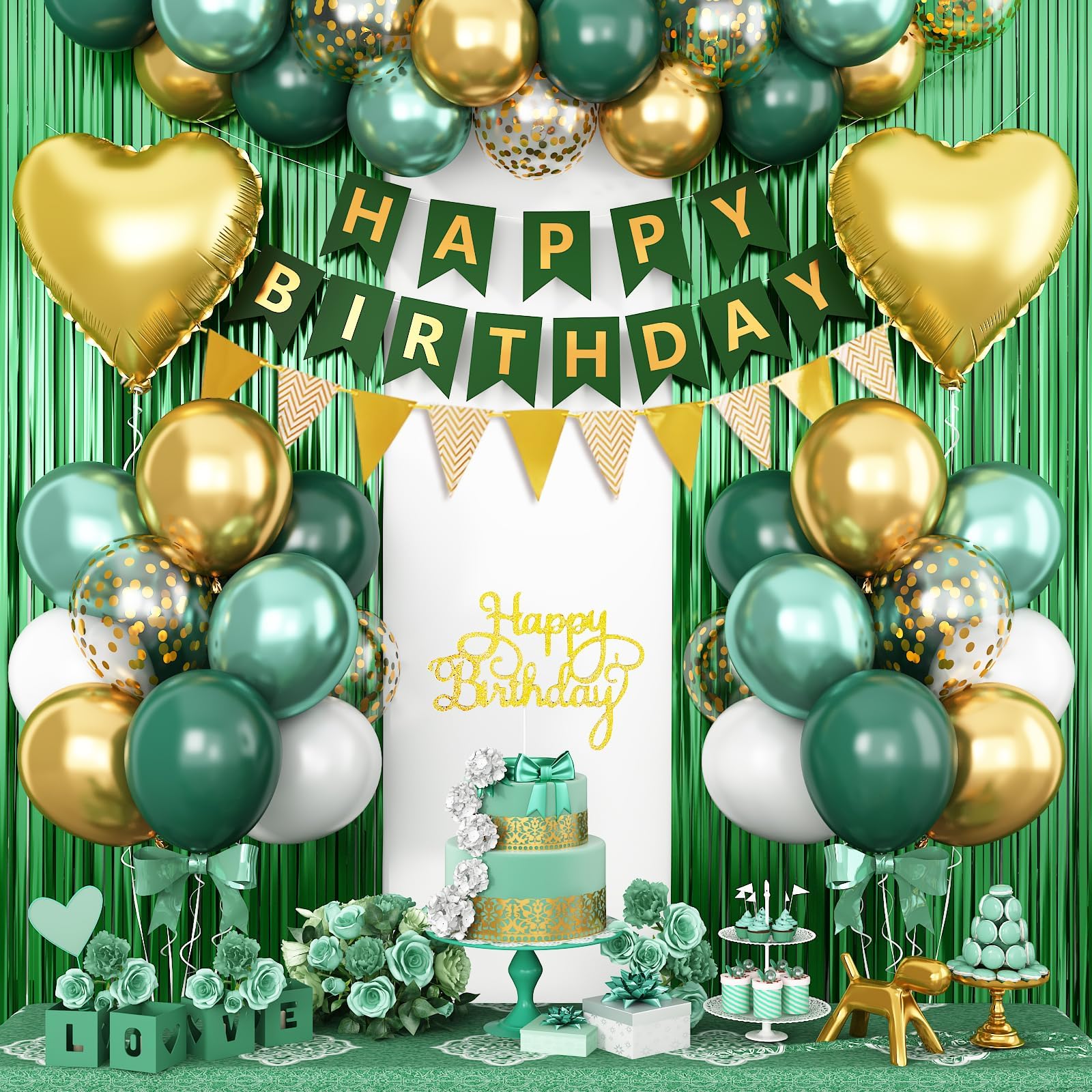 Green Birthday Decorations,Happy Birthday Banner Emerald Green and Gold Balloons Fringe Curtain Heart Foil Balloons for Women Men Party Decor