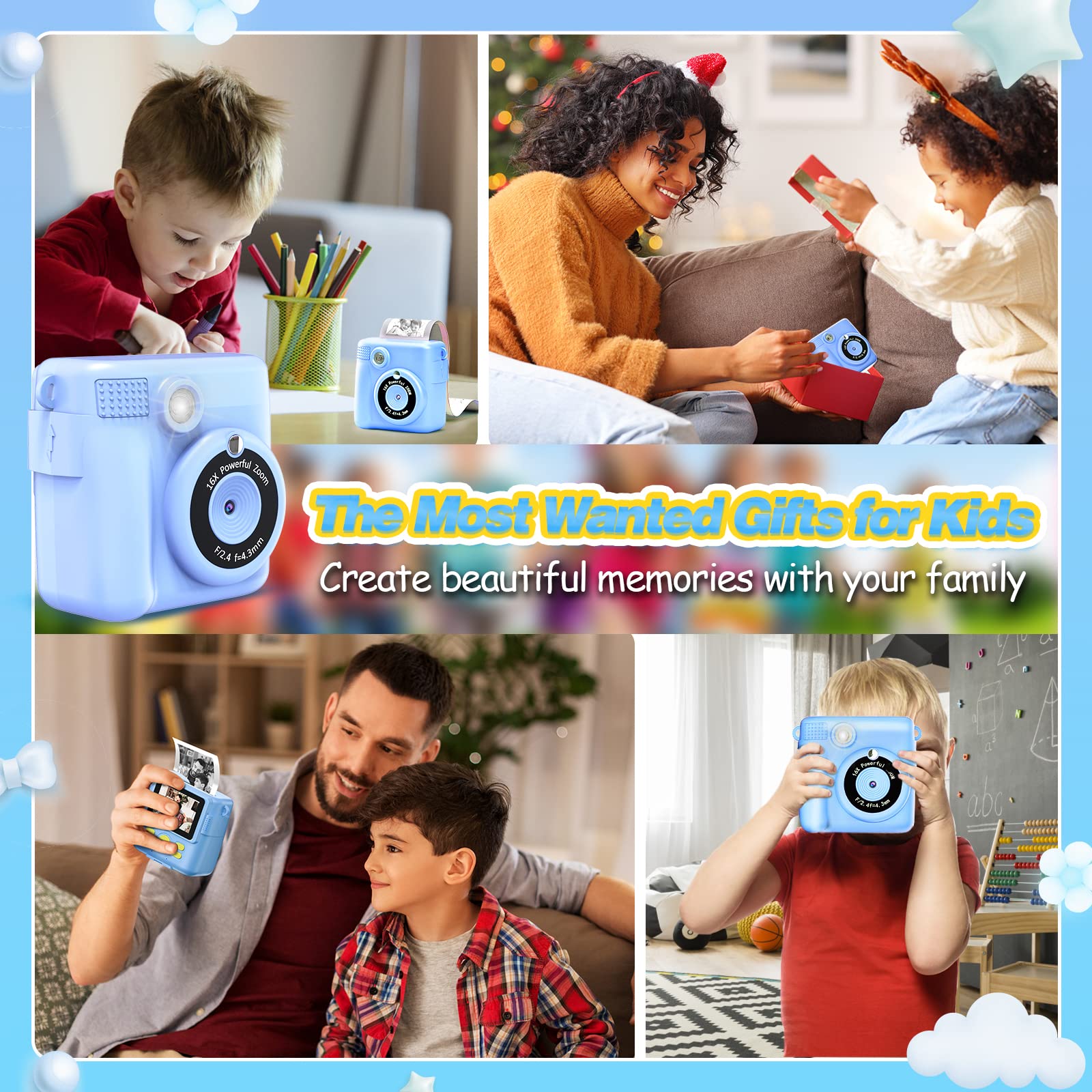 KinderKamera - Sofortbildkamera DigitalKamera Print 1080P - 16x Digitalzoom 2.4" Bildschirm - 32GB Karte - 3 Rollen Druckpapier - mit Aufbewahrungstasche Weihnachten Geschenk für Kinder 3-12 Jahren