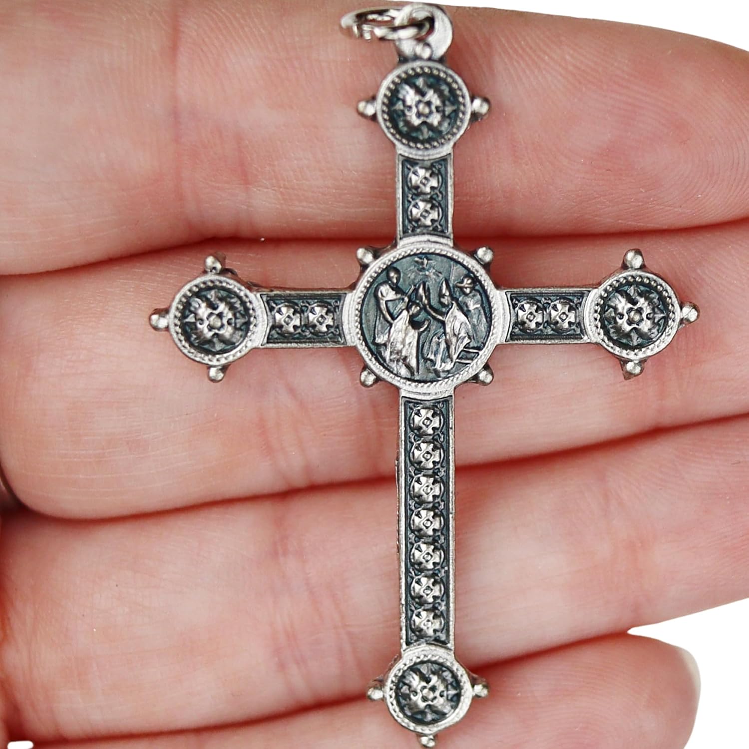 Needzo Ornate Papal Blessing Silver Oxidized Cross, Italian-Made, Elegant Religious Symbol, 2 Inches
