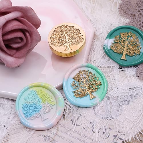 Miniatura 5 de SWANGSA Juego de sellos de cera, vintage, 4 piezas de hojas de eucalipto, manzanilla, árbol de la vida, cabezas de sellado botánico + 1 kit de