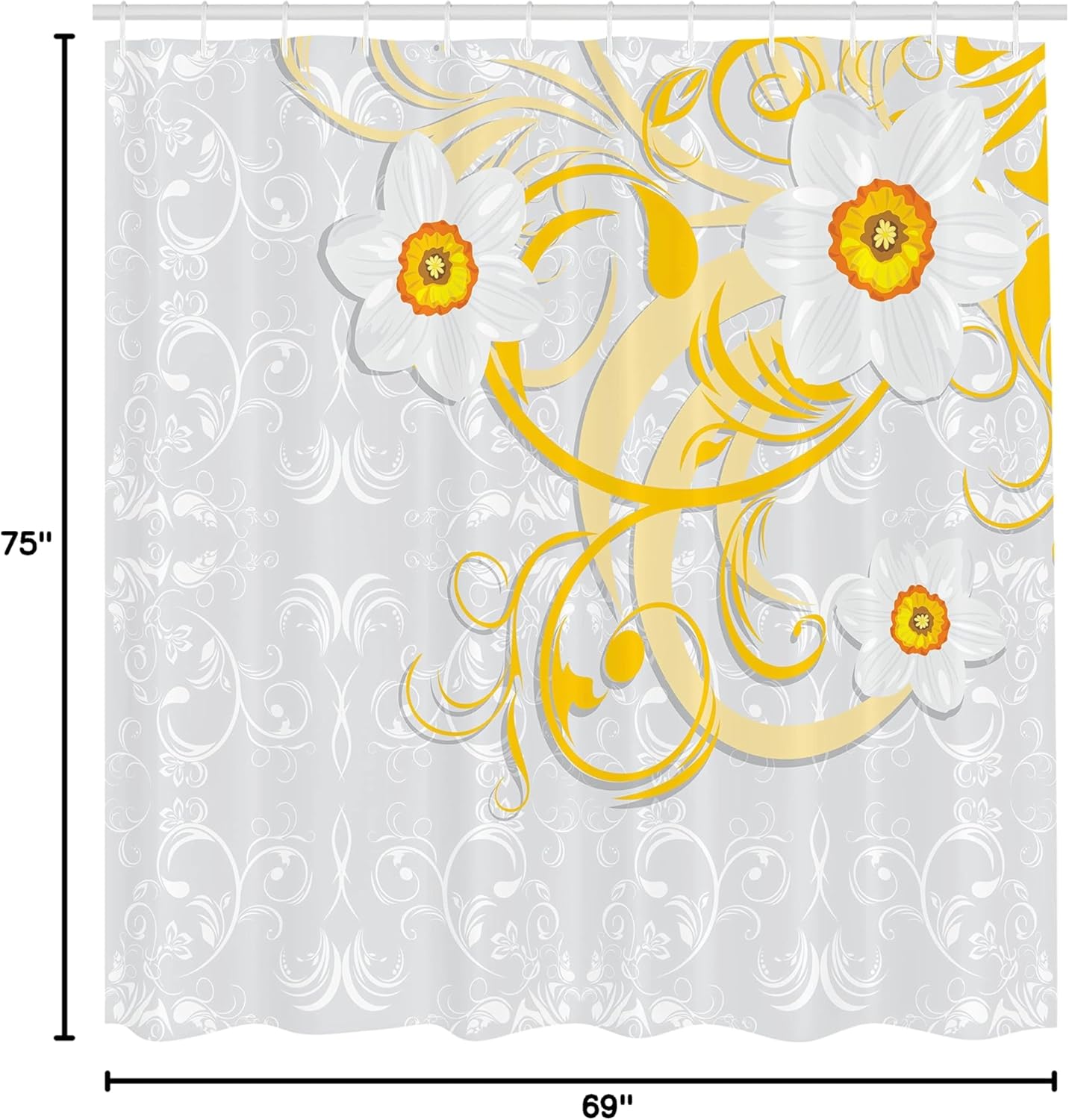 Ambesonne Daffodil Shower Curtain, Daffodils on Ornate Background Floral Repeating Swirling Curves Spring Pattern, Cloth Fabric Bathroom Decor Set with Hooks, 69" W x 75" L, Grey Yellow