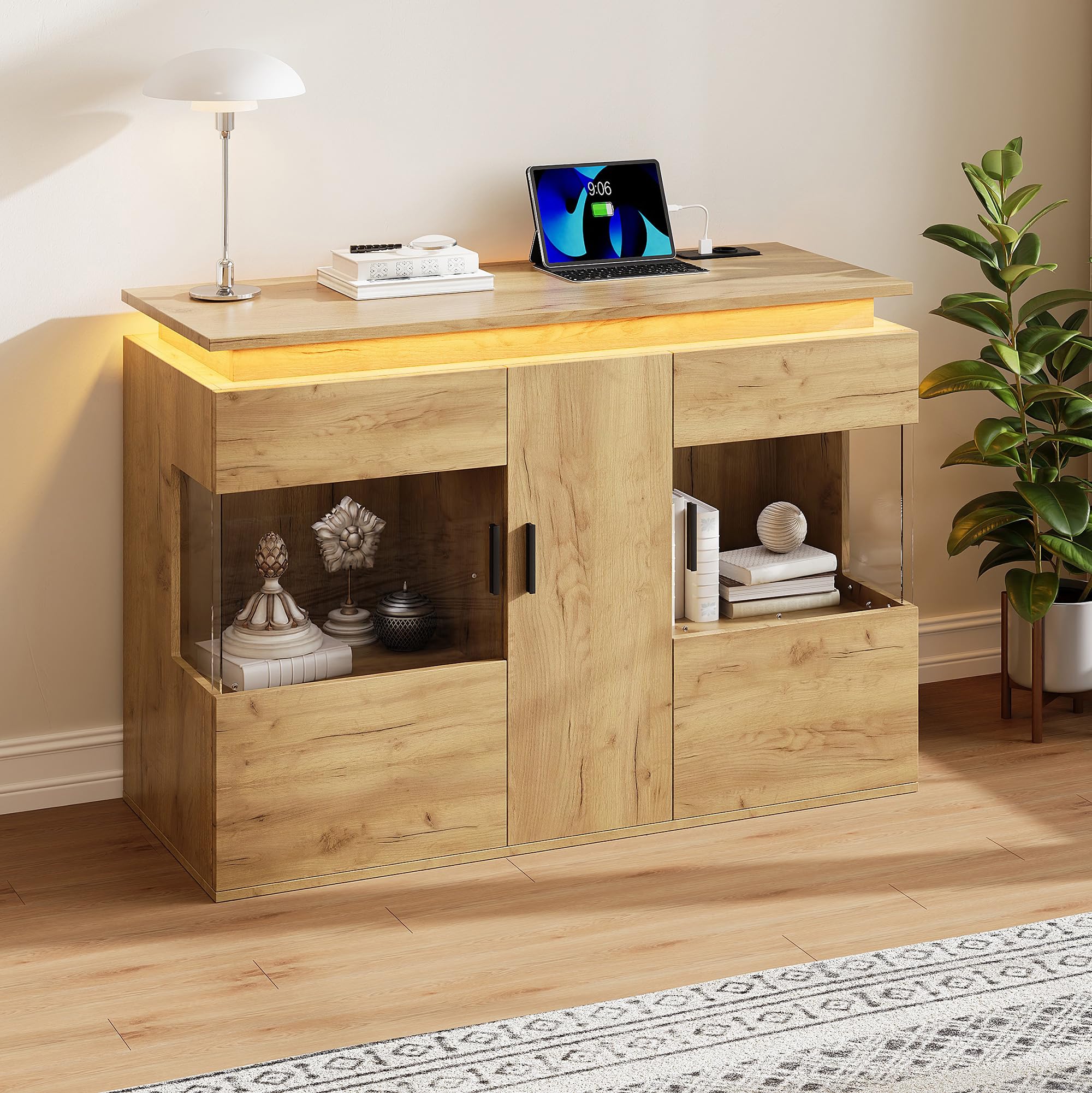 Buffet avec LED et Prises Meuble de Rangement 120 cm Chêne Clair