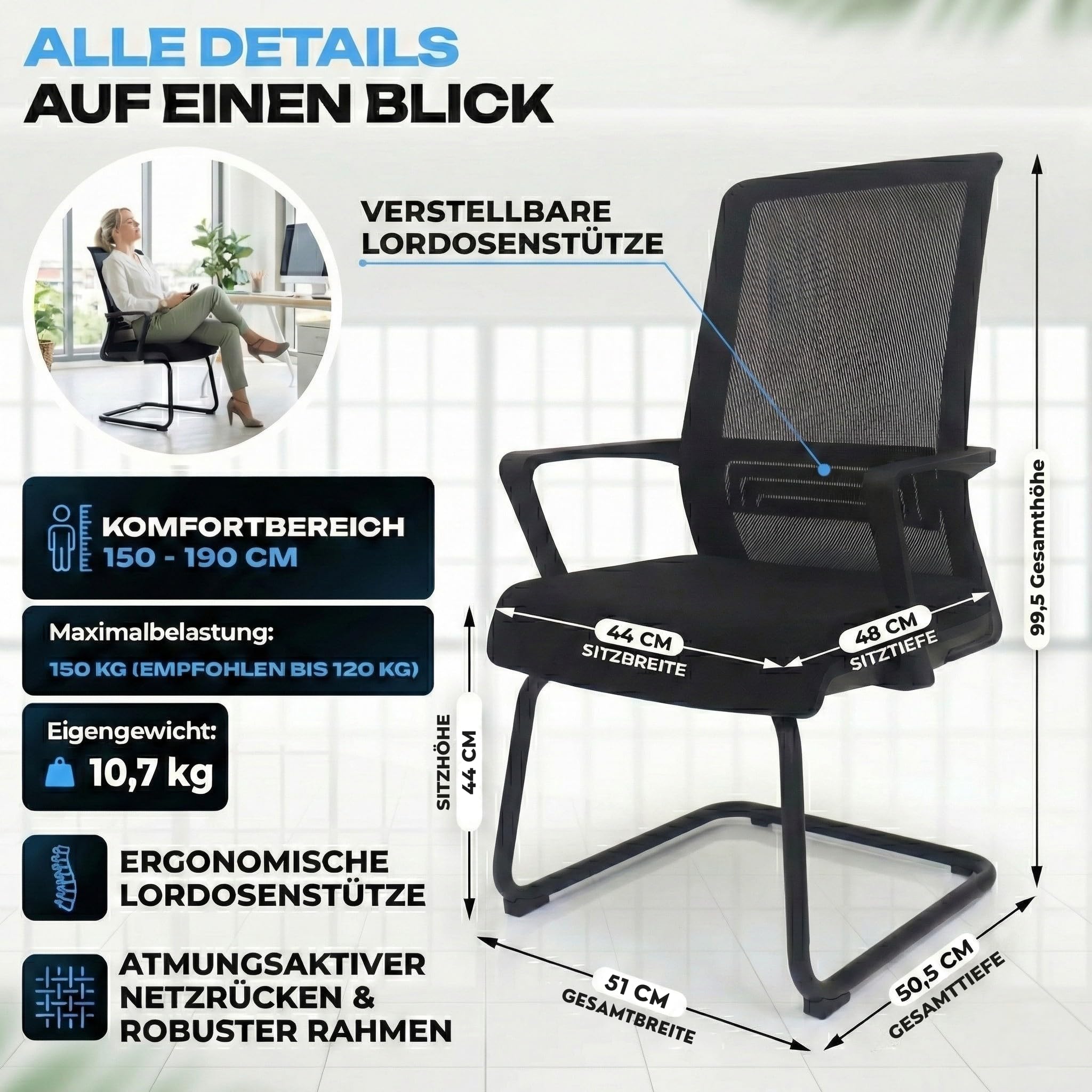 VALKENSTOL K1 Konferenzstuhl Freischwinger Schwarz mit Armlehne - Ergonomischer Besucherstuhl mit verstellbarer Lordosenstütze & Netzrücken - Robuster Bürostuhl ohne Rollen, Wasserabweisend, bis 150kg
