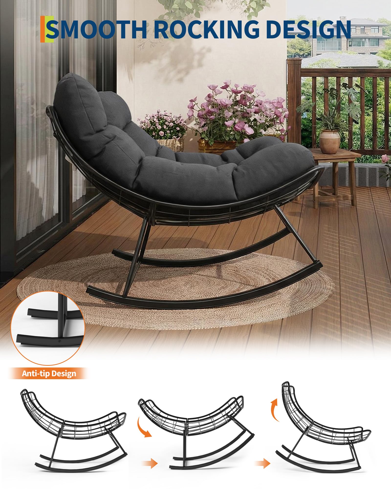 GarveeHome Schaukelstuhl Oversized, Schaukelsessel mit dickem Kissen & Metallrahmen, Relaxsessel für Poolside, Garten und Hinterhof, Tragfähigkeit