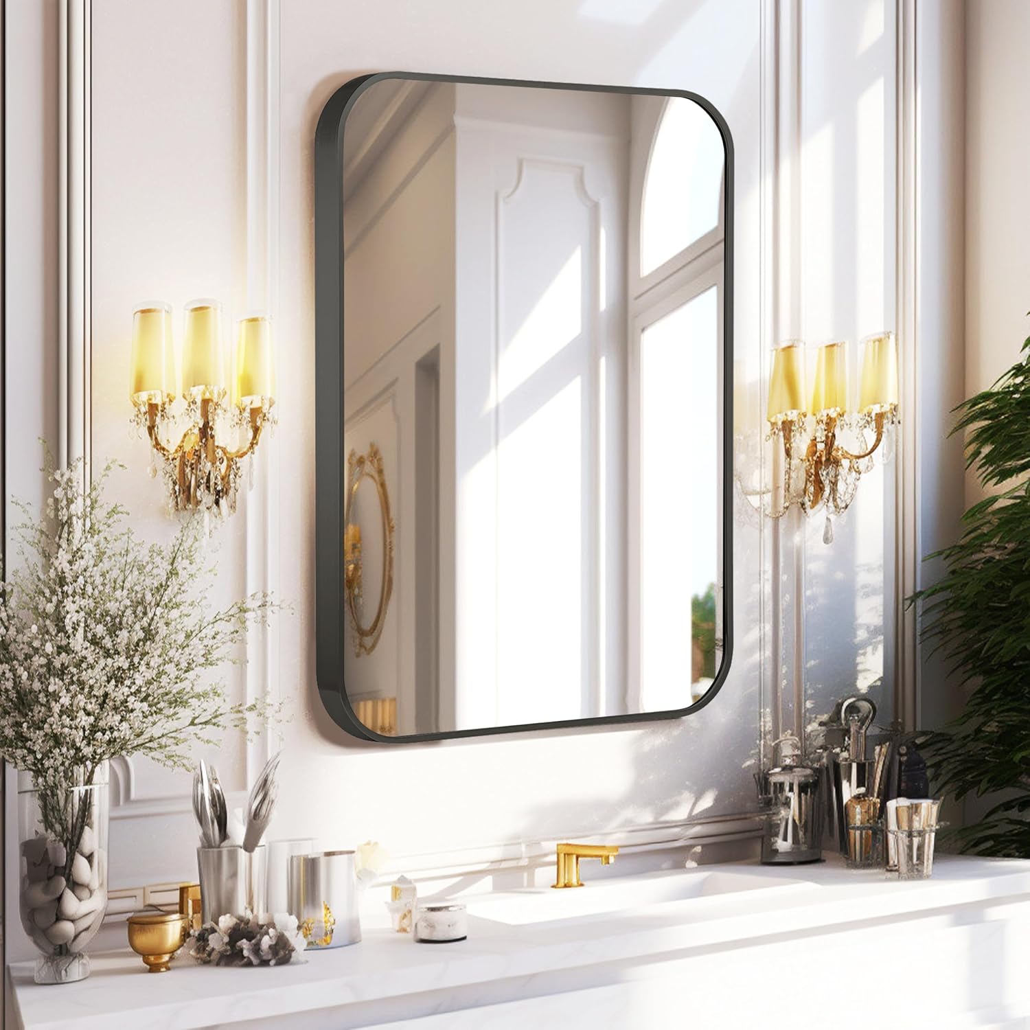 B&C Black Rectangle Bathroom Mirror for Wall, 30x36 Inch Matte Black Rounded Rectangular Mirror for Bedroom, 1-9/16" Anti-Rust Metal Frame Wall Mirror for Vanity, Easy to Hang, Horizontal/Vertical Black 30x36