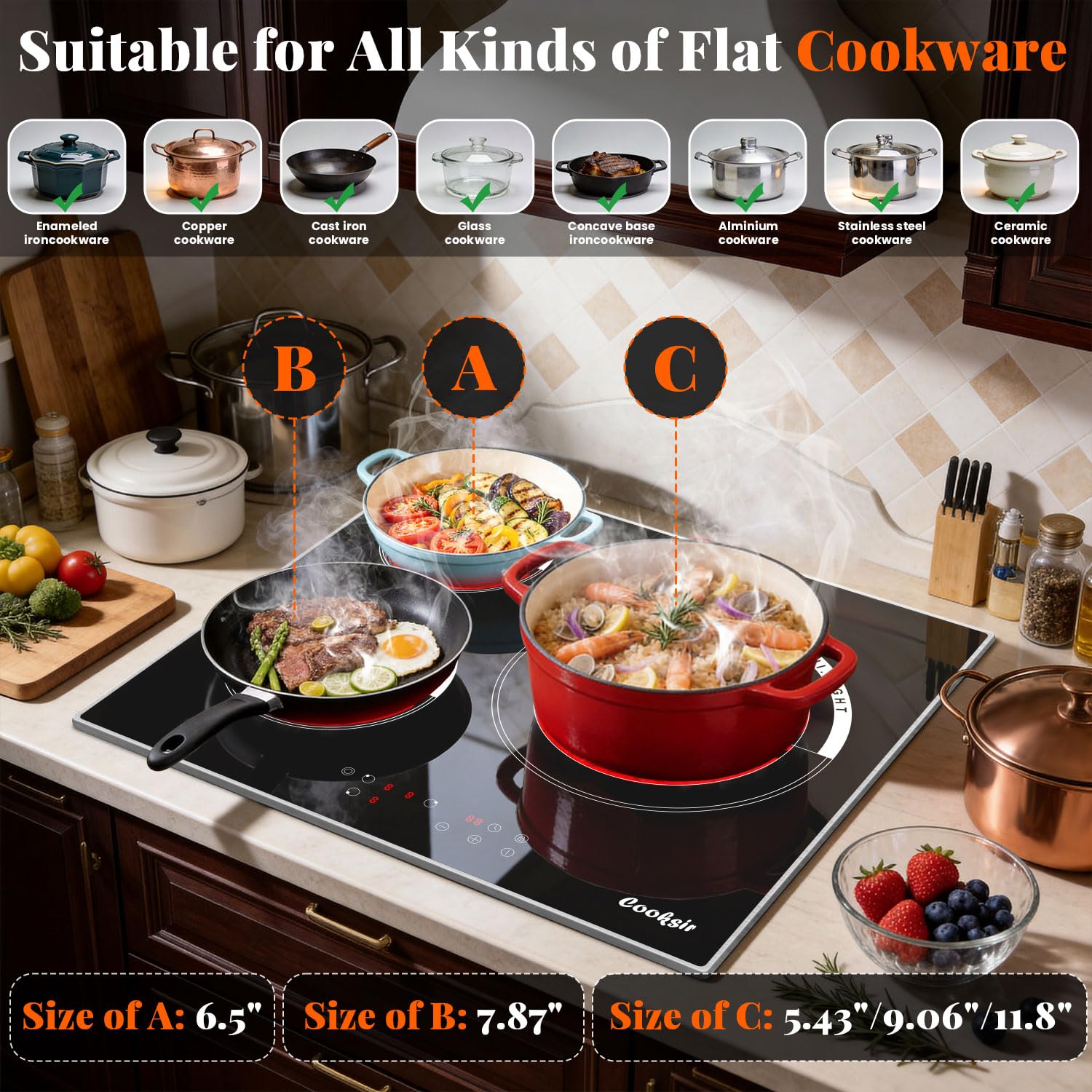 Płyta ceramiczna, 3-strefowa 5700W, 60 cm kuchenka elektryczna wbudowana, dotykowa, 9-poziom mocy, 99 MinutenTimer, bez wtyczki