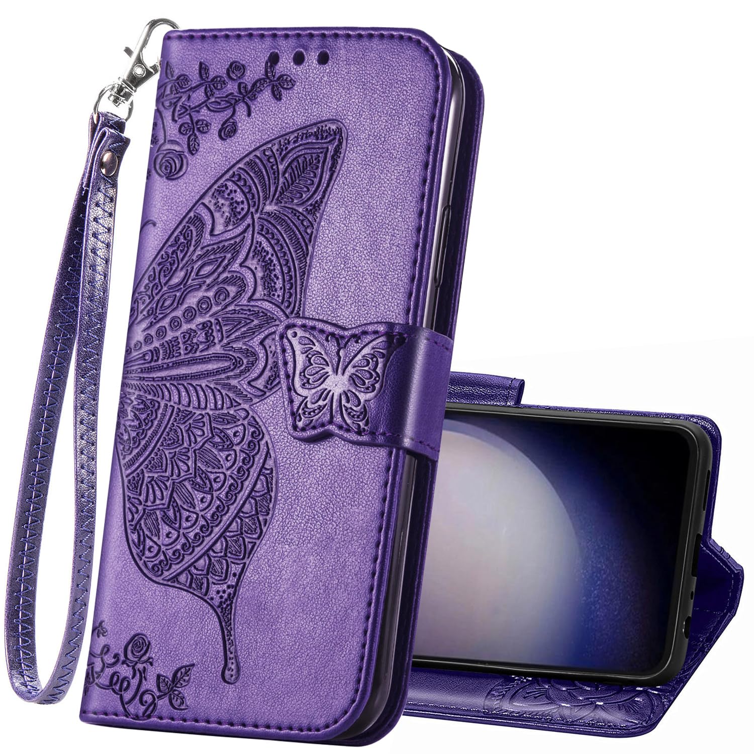 for Samsung Galaxy S23 FE Phone Case Wallet,Women Flip Folio PU Leather Protective Case Wrist Strap Card Slots Holder Pocket Emboss Butterfly Flower Stand Flip Case for Samsung Galaxy S23 FE Purple