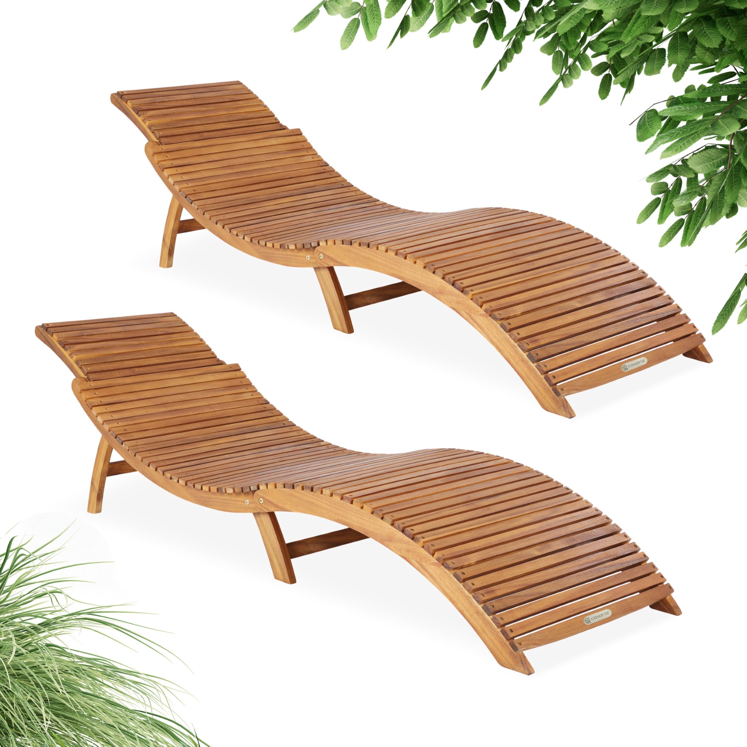 CASARIA® 2x ERGO Foldable Wooden Sunlounger | Ergonomic Design Garden Deck Chair | FSC®-Certified Acacia Wood | Portable Patio Furniture Sun Lounger Sunbed w/Adjustable Headrest