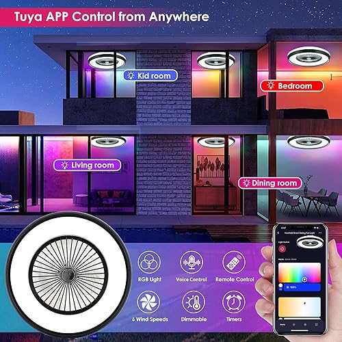 Miniatura 8 de Ventilador de techo de perfil bajo de 24 pulgadas con luces RGB, ventilador de techo sin aspas con control remotoaplicacióncontrol de voz,