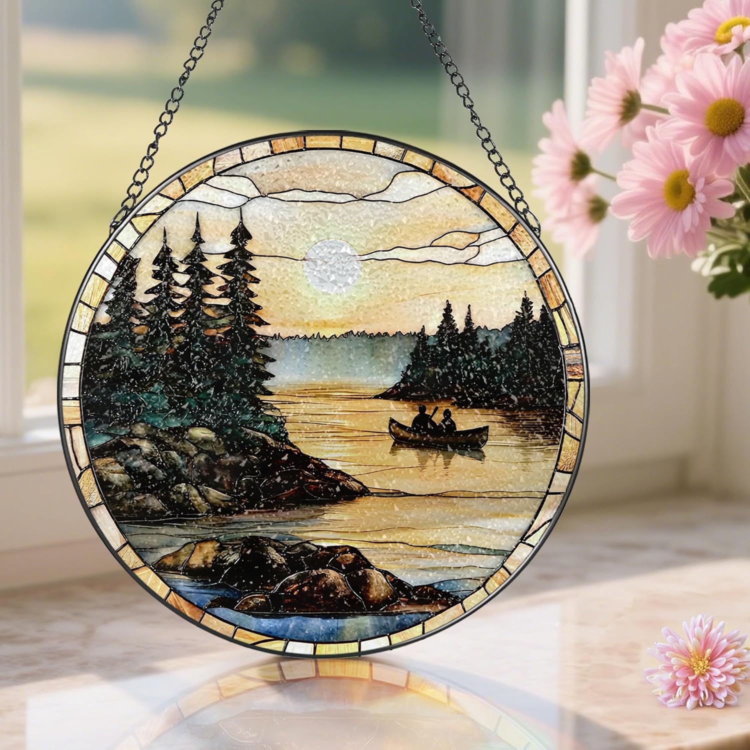 8-Inch Stained Glass Ornament, Stained Glass Window Hanging, Window Hanging Decor Suncatcher, Canoe Lake Sunset Ornament | Christmas, Mother’s Day, Birthday | Gifts for Nature Lovers, Mom & Friend