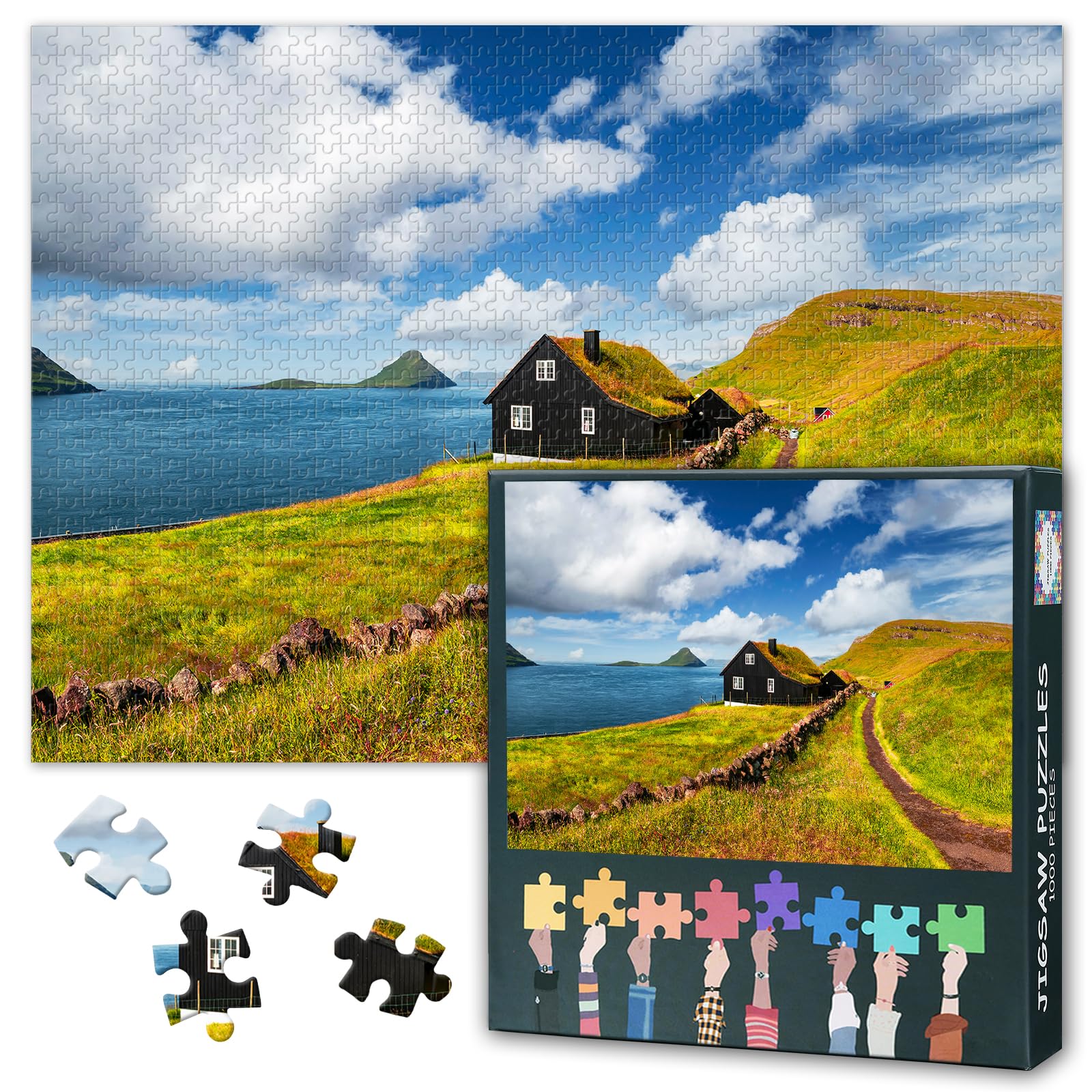 1000 Piece Jigsaw Puzzle for Adults Streymoy Island Velbastadur Village Typical Grass Roof House Rompecabezas Para Adultos Challenging Puzzle 50x70cm