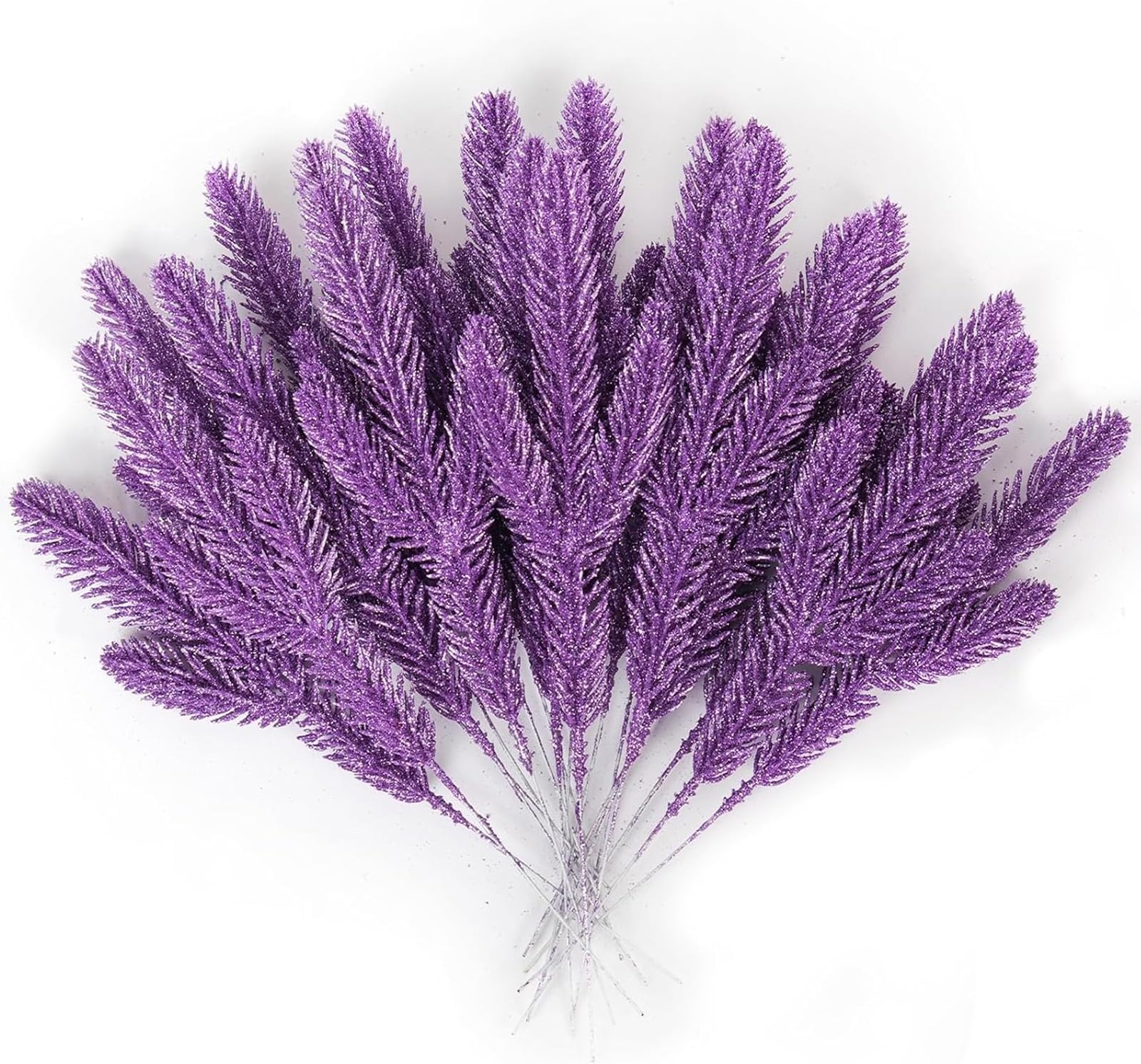 NimbusNote20 PCS Artificial Pine Needles Branches Christmas Glitter Twigs Pine Picks Stems DIY for Christmas Tree Garland Wreath Xmas Decoration and Fireplace Vase Home Indoor Outdoor Decor(Purple)