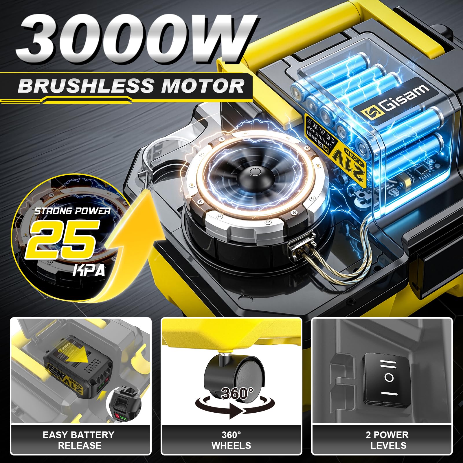 Aspiradora InaláMbrica Para SóLidos Y LíQuidos, Motor Sin Escobillas De 3000 W, 2 BateríAs De 4,0 Ah, Aspiradora De Taller 3 En 1 Con Filtro Hepa, Bandolera, 4 Ruedas Y Portacomplementos, PortáTil Par