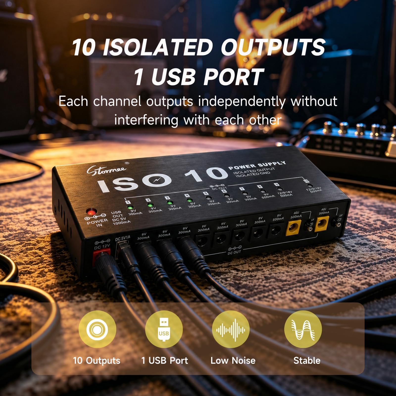 Stormee SP-2 - Alimentatore a pedale per chitarra, 10 uscite CC isolate, 9V/12V/18V 300mA 500mA per pedali effetto, con porta USB, protezione da sovracorrente da cortocircuito