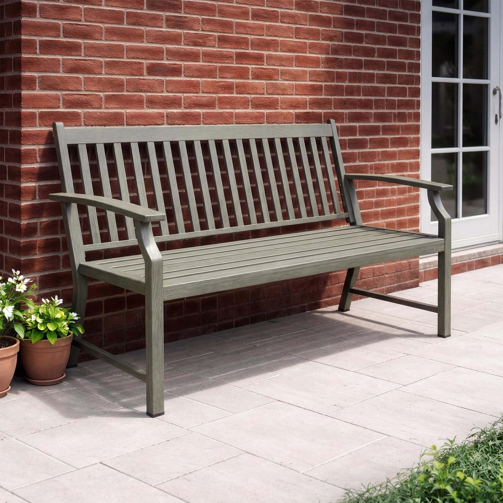 UDPATIO Gartenbank Metall in Holzoptik,Wetterfeste Sitzbank Outdoor,Bank 2–3 Sitzer für Balkon & Garten,Balkonmöbel mit Rücken & Armlehnen(Grau)