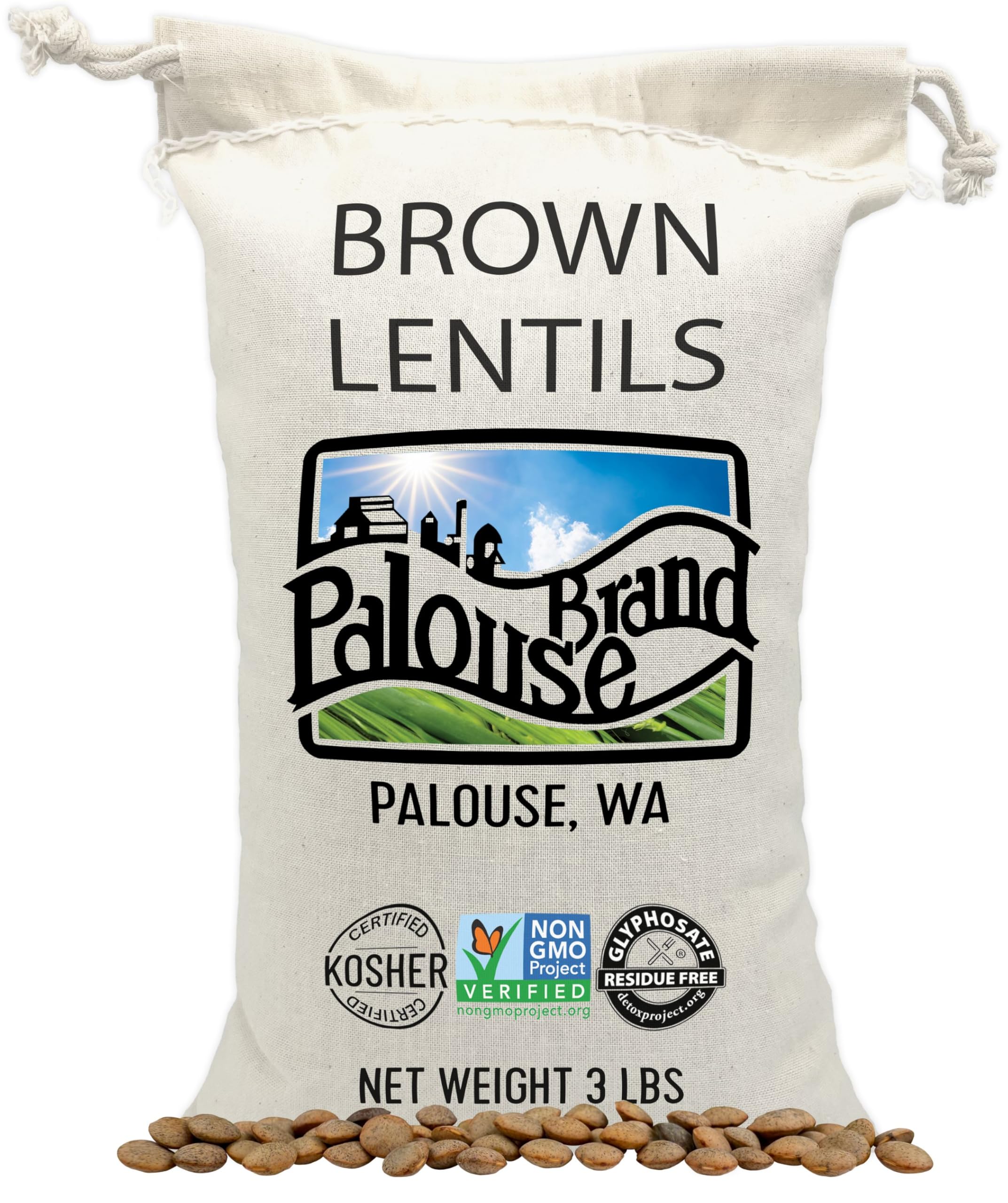 Certified Glyphosate Residue Free Brown Lentils | 3 LBS Plastic Free Packaging | Family Farmed in Washington State | Non-GMO | 100% Non-Irradiated | Kosher | Field Traced | Cotton Bag