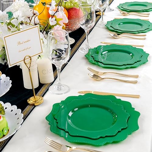 Miniatura 7 de Platos de plástico desechables, 60 unidades, platos de fiesta de plástico verde, 30 platos llanos resistentes de 10.5 pulgadas y 30 platos de