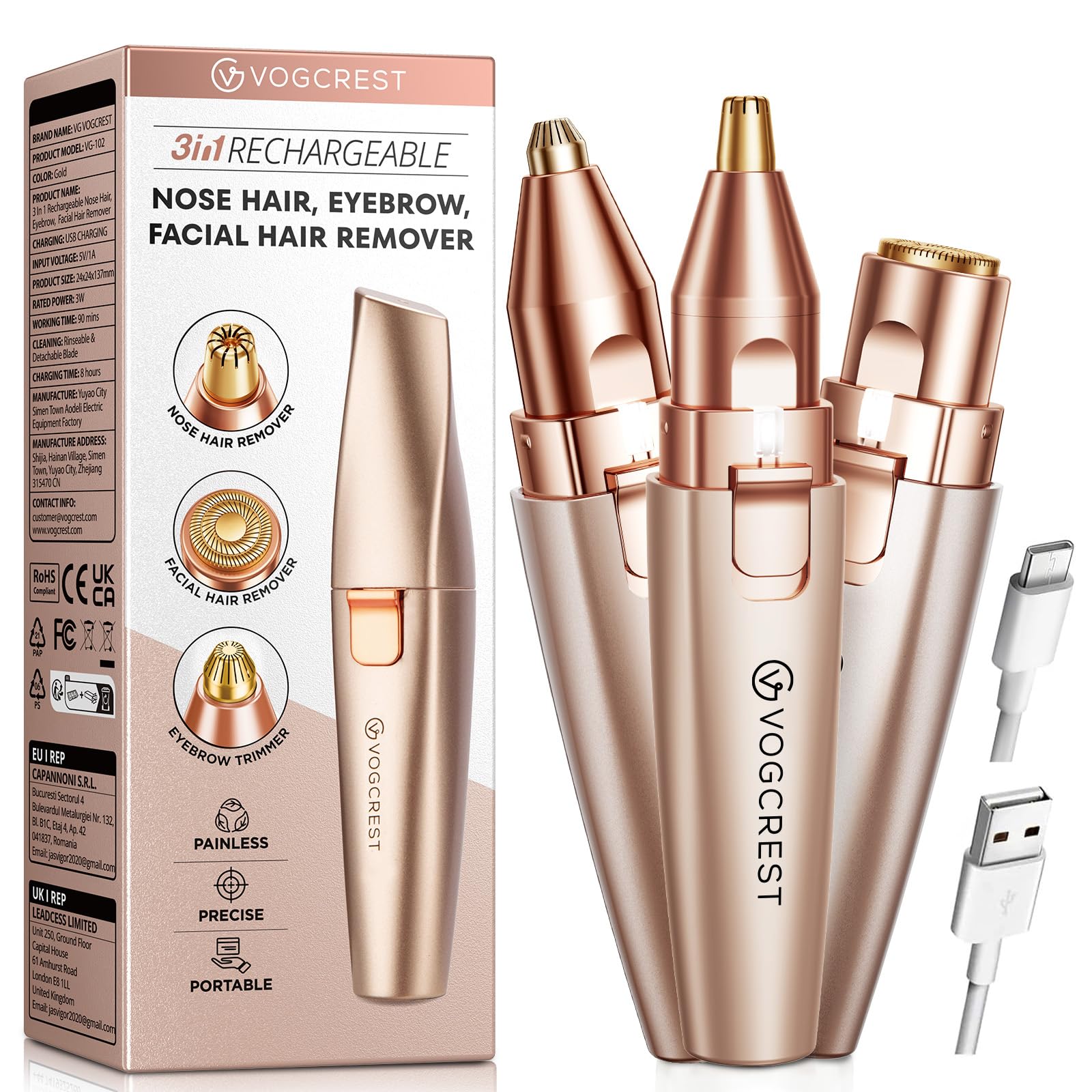 VG VOGCREST Nose Hair Trimmer: 3 in1 Rechargeable Facial Hair Removal & Eyebrow Shaver - Painless Electric Hair Remover Device for Women & Men with Built-in LED Light Rose Gold