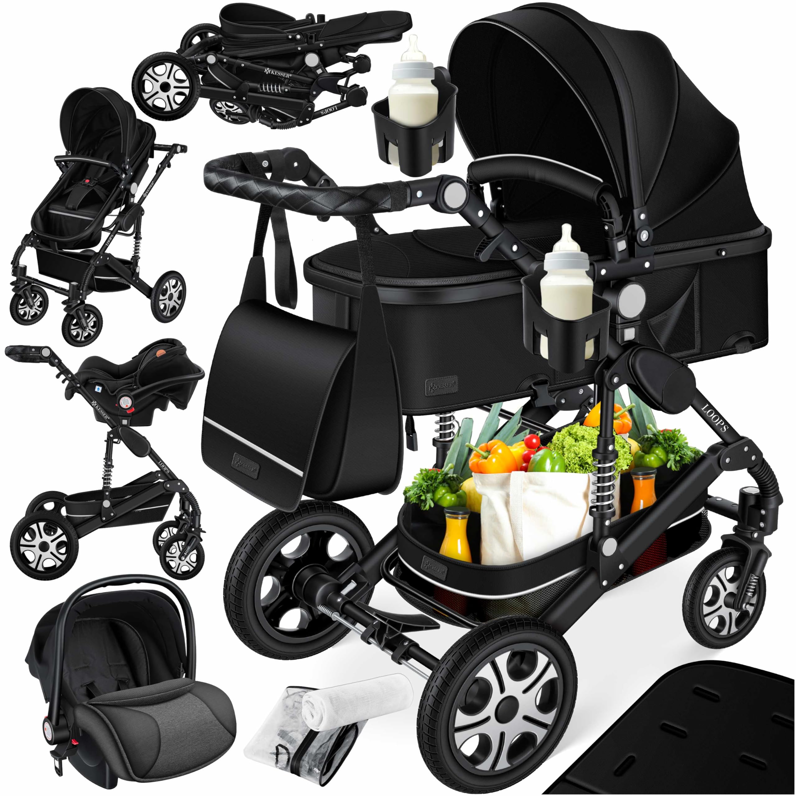 KESSER® Loops 4 in 1 Kinderwagen Kombikinderwagen Komplett-Set inkl. Babywanne & Buggy Sportsitz & Auto-Babyschale Voll-Gummireifen Wickeltasche Regenschutz Kindertisch ECE R129, Schwarz/Schwarz