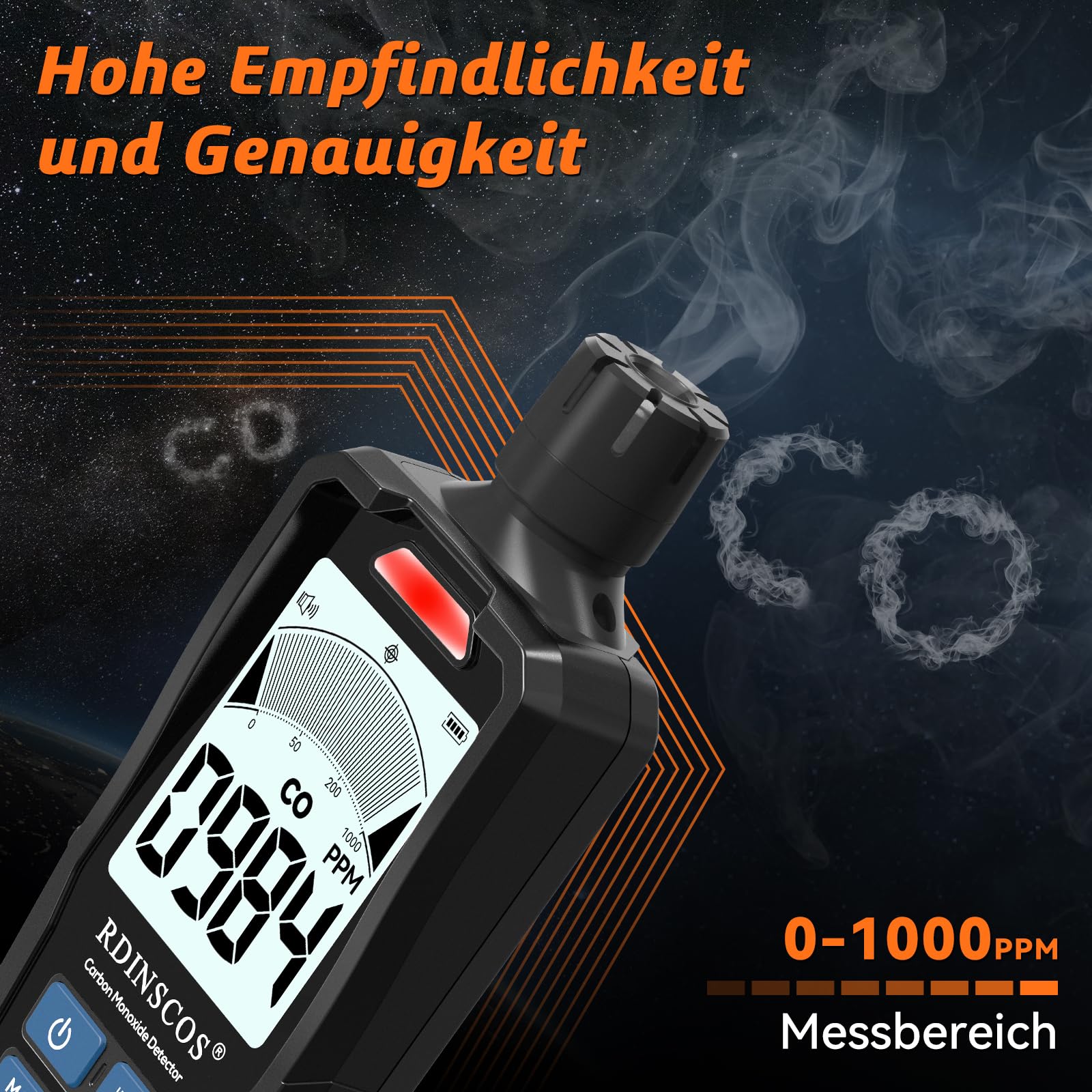RDINSCOS Detector de Monóxido de Carbono,0-1000PPM Detector CO Portátil con Alarmas Sonoras y Luminosas Apto para Uso doméstico, en Garajes y para Mediciones al Aire Libre